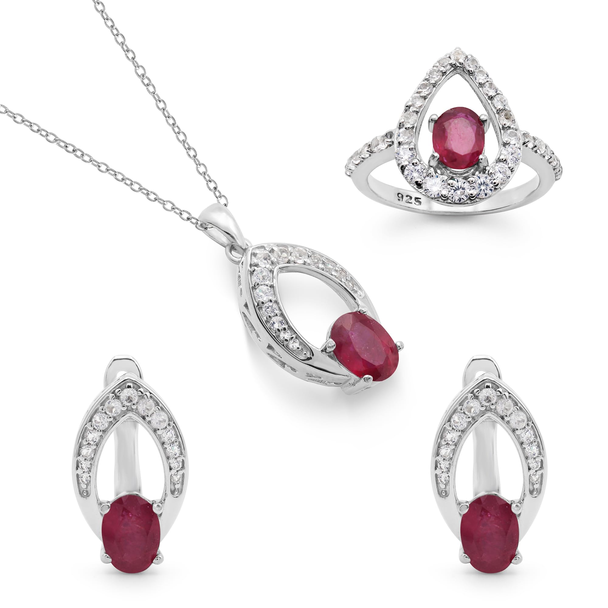 Juego de 4 joyas de boda para mujer, collar con colgante de lágrima de rubí, aretes y anillos, juego de boda, compromiso, dama de honor, vestido de graduación, joyería de plata de ley 925, Plata de