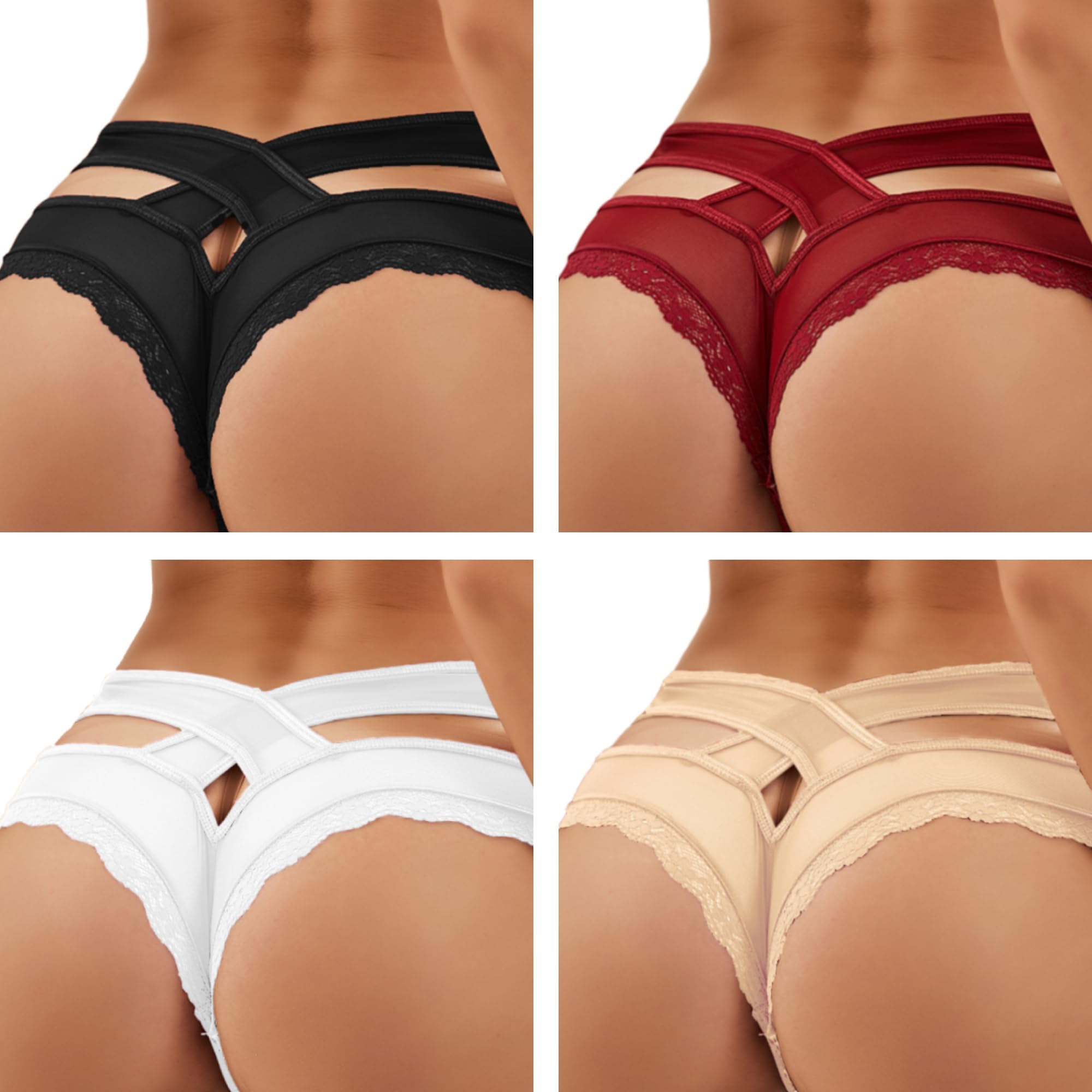 ohmydear String sexig tanga dam sexig chic spets stringtrosor dam korsade utskurna bomullsgrenen XS–4XL genomskinliga trosor stringtrosor och tangas, underkläder, trosor - M-L - 4-pack svart + röd + vit + beige