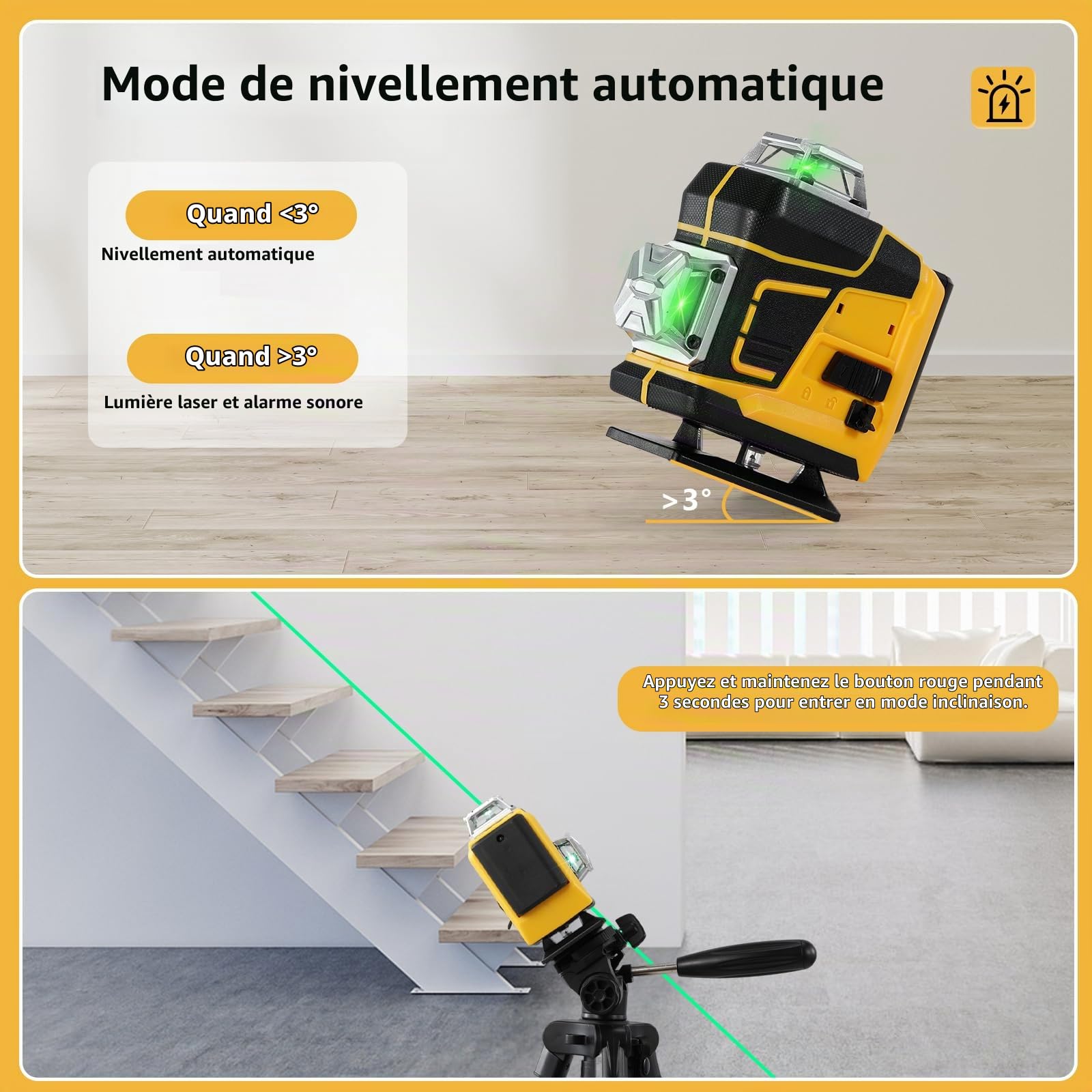Niveau laser 4D 16 lignes,3° nivellement automatique, batterie au lithium rechargeable, outil de nivellement avec 3 rallonges en alliage réglables en hauteur, trépied
