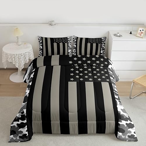 Miniatura 2 de Erosebridal Juego de edredón de bandera estadounidense, edredón de camuflaje militar gris, tamaño Queen, negro, blanco, gris, camuflaje, bandera de