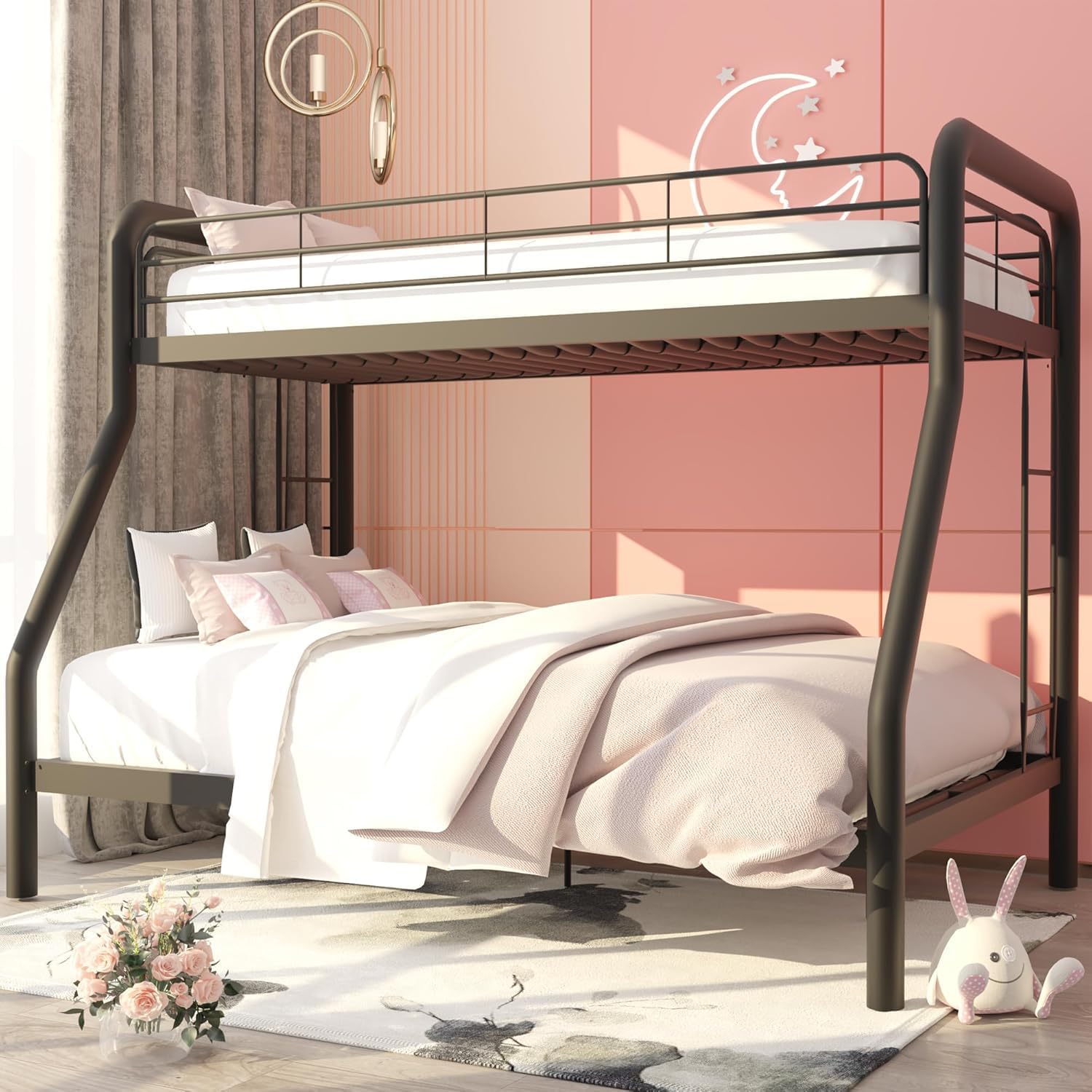 Heavy-Duty Metal Twin XL Over Queen Bunk Bed with 2 Ladders,Higher Quality Metal Bunk Bed Queen Size for Boys Girls Teens Adults,No Box Spring Needed,Weight Capacity 600LBS (Black)