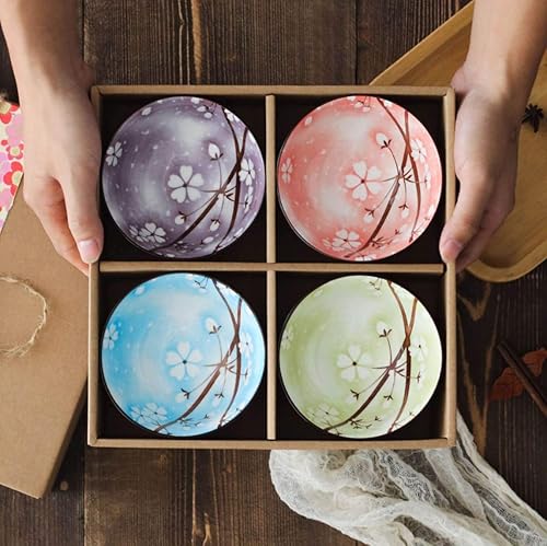 Mose Cafolo  Juego de 4 cuencos de arroz de cerámica de estilo japonés con diseños surtidos y colores con flores Phum Vajilla sin vidriar, ideal