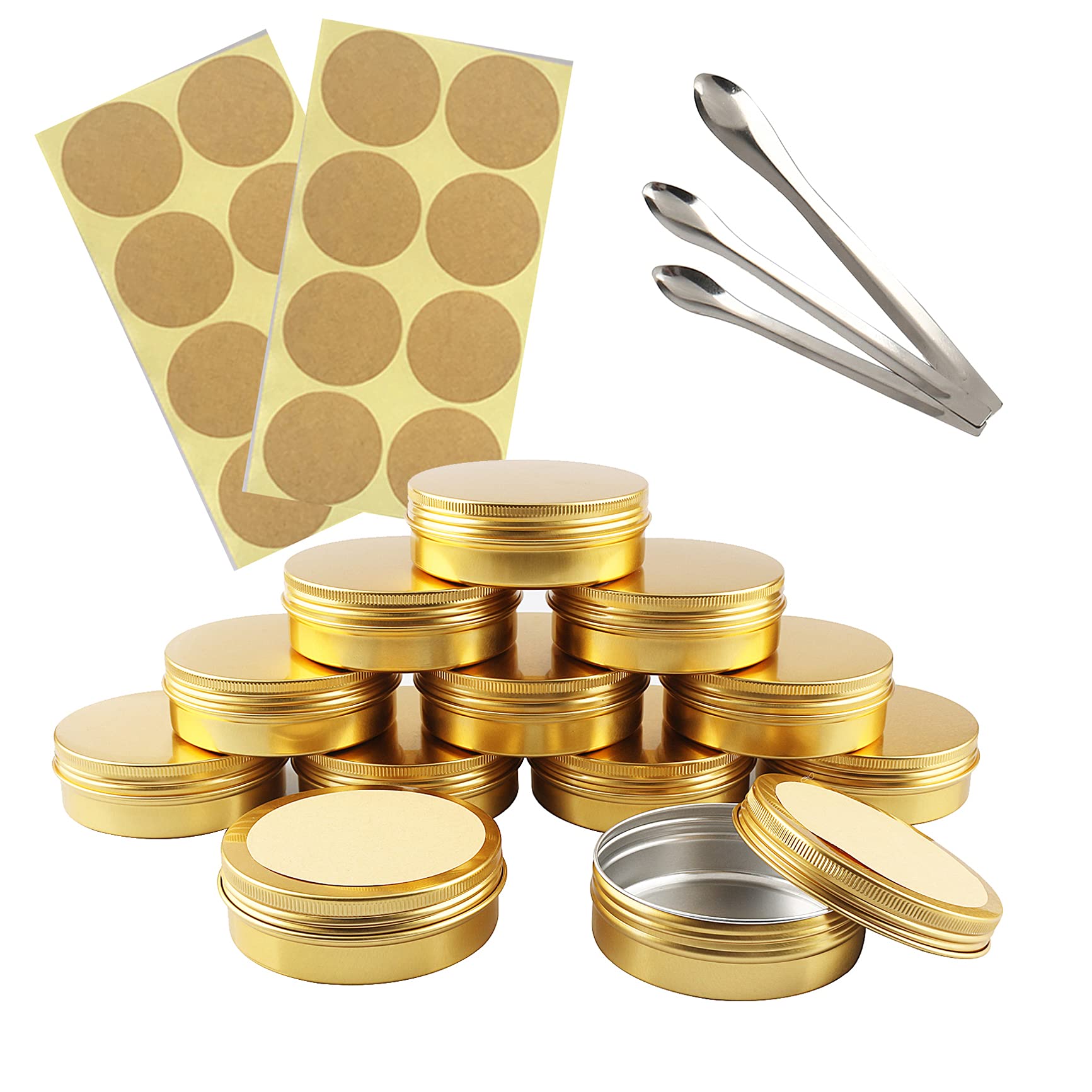TIANZD 24 Pieces 100 ml Empty Gold Round Aluminum Tin Jars with Screw Lids Cosmetics Lip Balm Containers Pots for DIY Candle Salve Salt Powder Crafts Storage Cans with 3x Spoon, 24x Labels