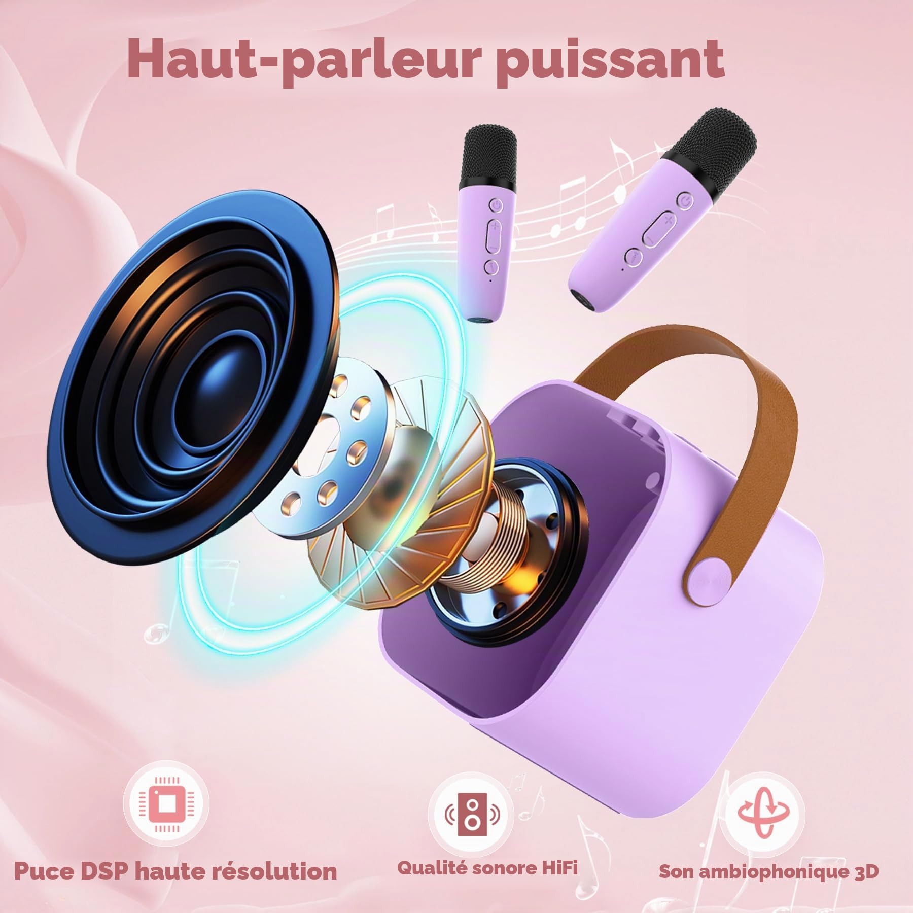 Mini Machine de karaoké pour Enfants et Adultes, Mini Machine de karaoké avec 2 Microphones sans Fil, Cadeaux d'anniversaire pour Filles âgés de 6, 7, 8, 9, 10, 12 Ans, Purple