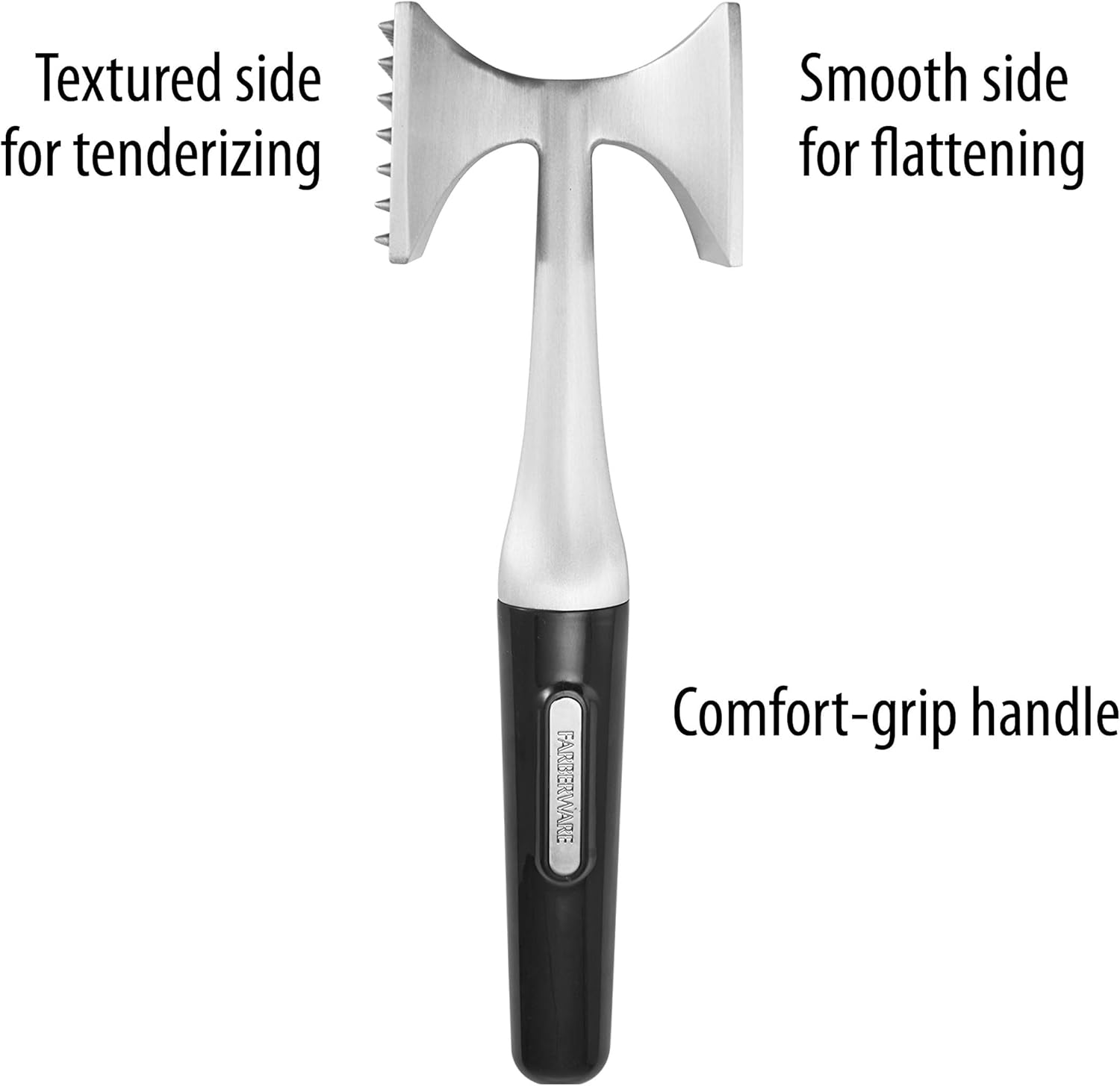 Farberware Professional Dual-Sided Rigid and Texture Stainless Steel Meat Tenderizer with Comfort Grip Handle, Great for Pounding Meat, Shellfish, Nuts, Dishwasher Safe, Black