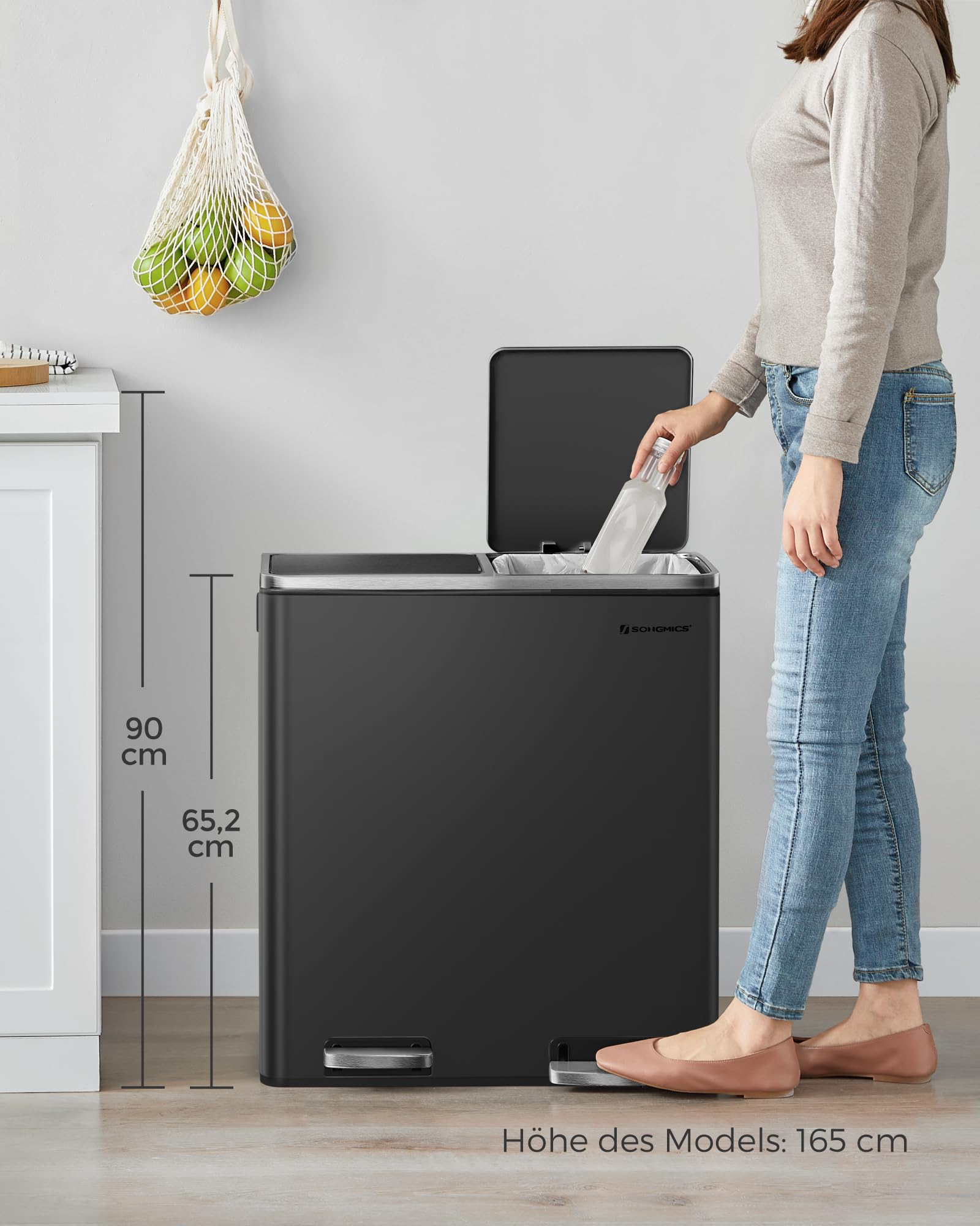 SONGMICS Mülleimer 2 x 30 Liter Mülltrennsystem Treteimer Metall Schwarz LTB60BK