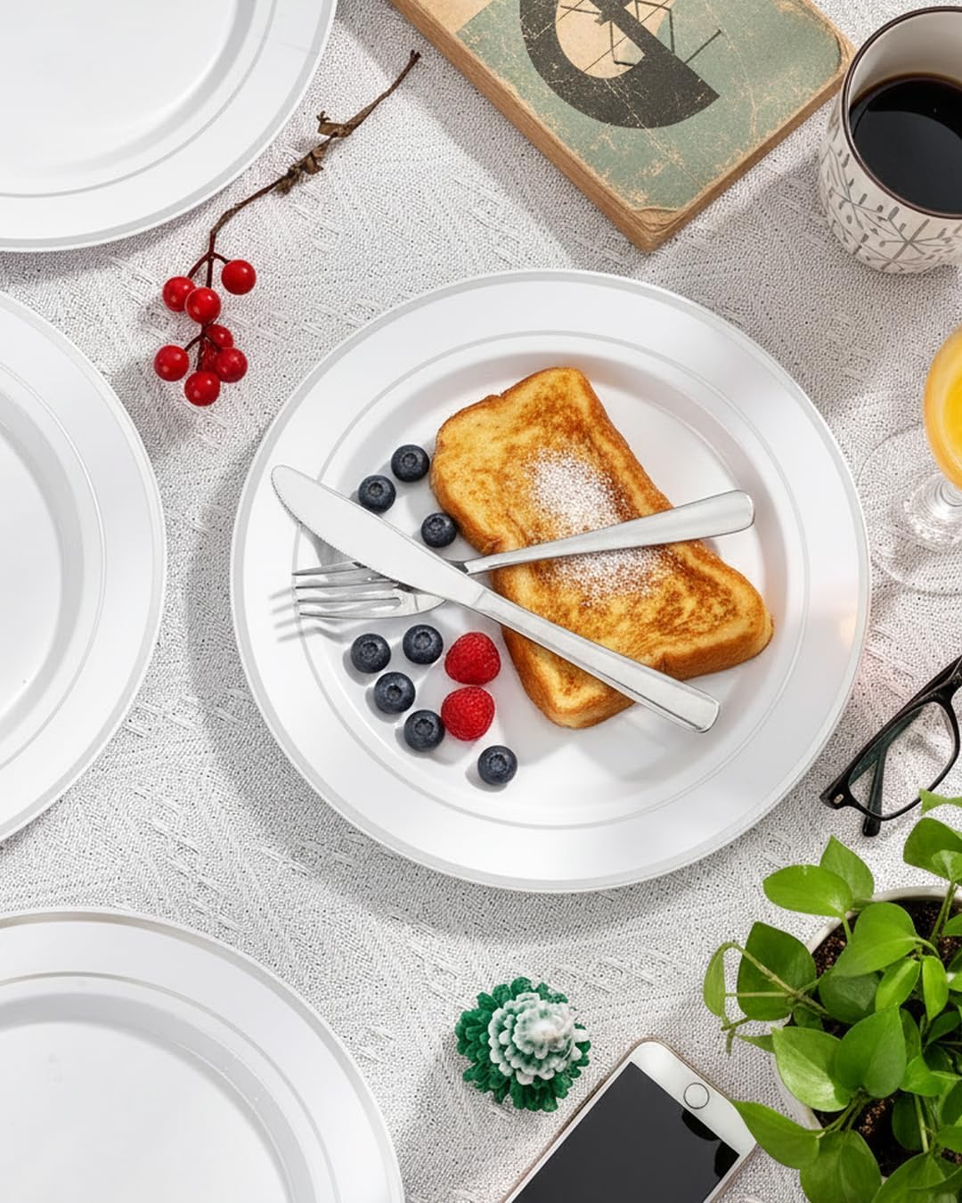 bUCLA 100Pieces Silver Plastic Plates - 10.25inch Silver Rim Disposable Dinner Plates - Ideal for Weddings, Parties - Image 7