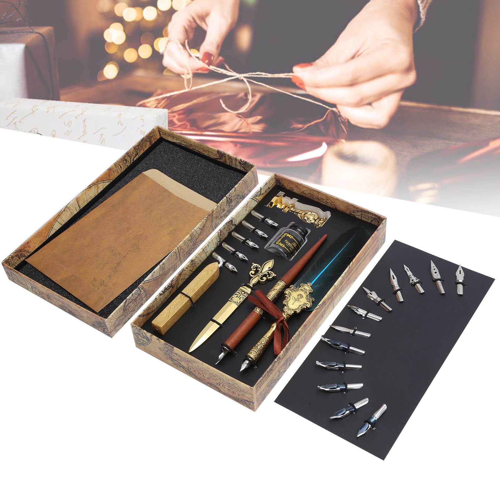Set de Plumes Vintage pour Calligraphie et Dessin, Porte - Plume en Métal Rose, Plume à Tremper en Bois, Sceau à Cire et Pointes Artistiques, Idéal pour Artistes, Enseignants, (SP248011R bleu lac)