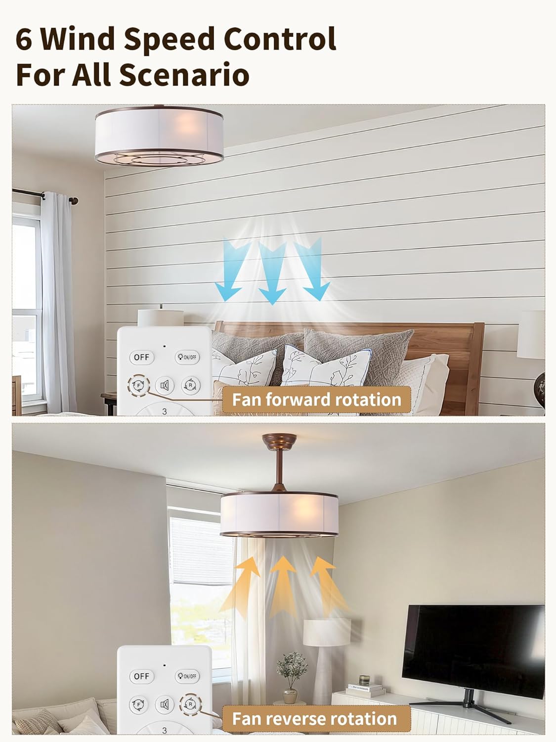 20" Caged Farmhouse Rustic Fandelier Ceiling Fans with Lights, Brown Ceiling Fan with Light Remote Control, Mid-Century Chandelier with 6 Speeds for Bedroom,Living Room, Nursery