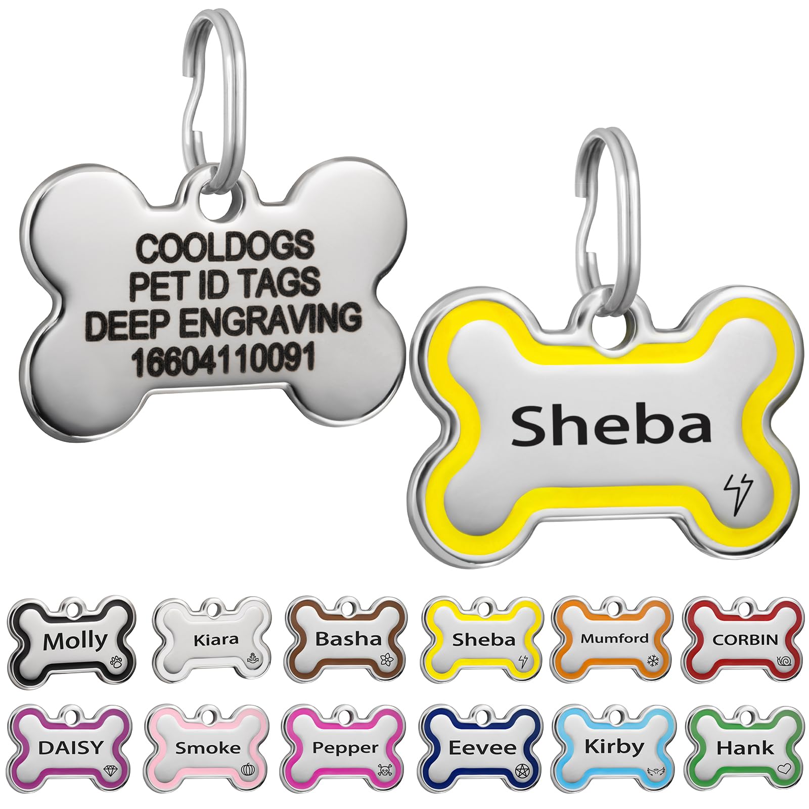 CoolDogs Stainless Steel Enamel Pet ID Tags for Dogs and Cats, Personalized Dog Tags,Cat Tags,Custom Engraved Dog Name Tag,Cat Name Tag with up to 5 Lines of Text on Both Sides (Yellow, Large)