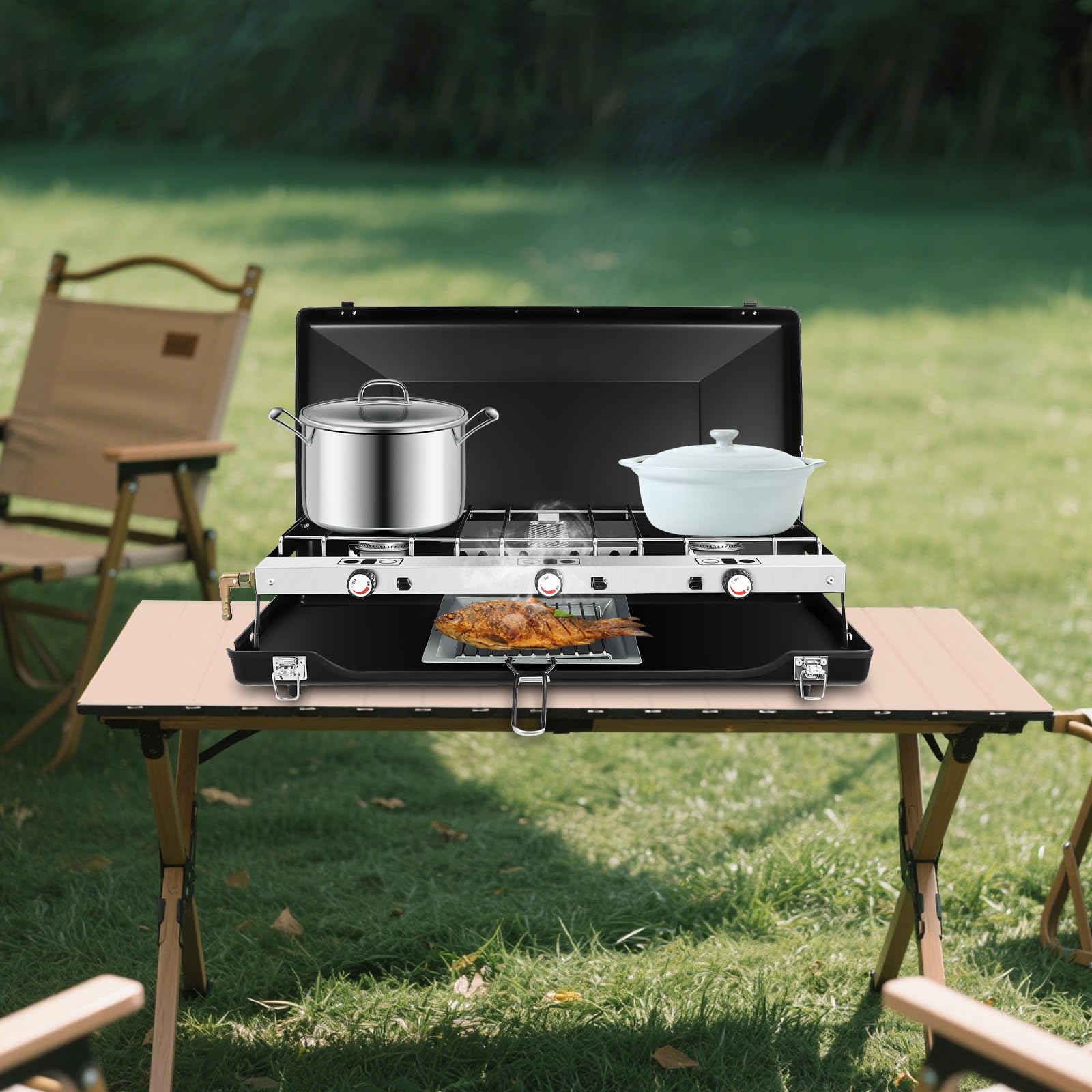 Hornillo de camping plegable con 3 quemadores y 4,5 kW de potencia total, hornillo de gas portátil con encendido piezoeléctrico y tapa como protección contra el viento, barbacoa de camping para