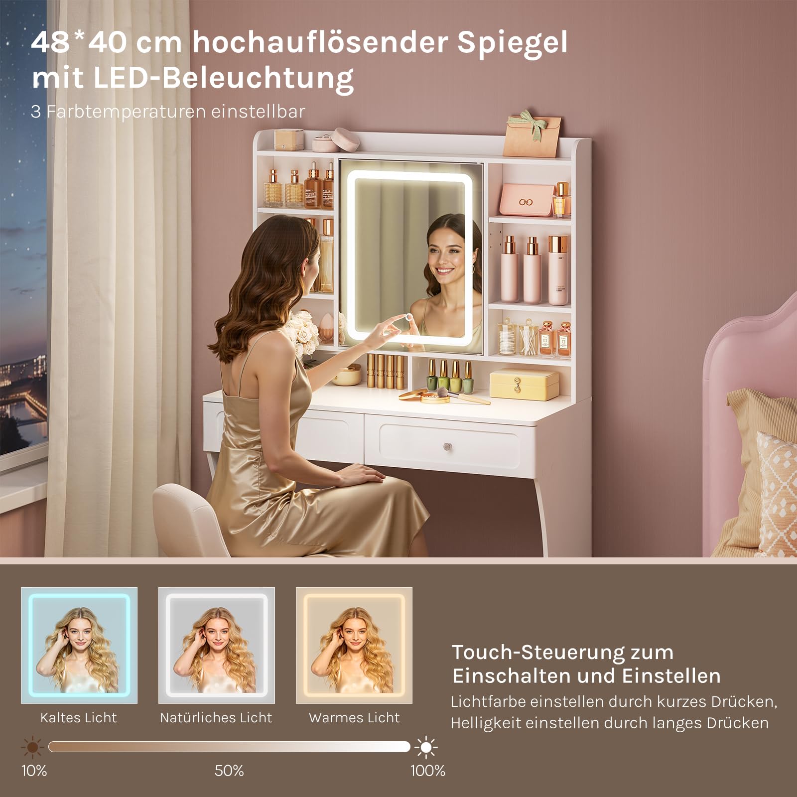 WOLTU Schminktisch mit Spiegel und Beleuchtung, 3 Lichtfarben, Frisiertisch mit offenen Ablagen & 2 Schubladen & 10 Haken hinter dem Spiegel, modern für Schlafzimmer, Weiß