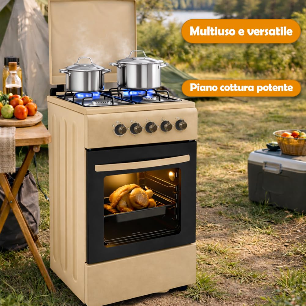 BAKAJI Cocina de exterior de alimentación a gas con horno y 4 fuegos, cocina con quemadores y parrillas extraíbles de hierro fundido con mueble y encendido ergonómico, ideal para exteriores e