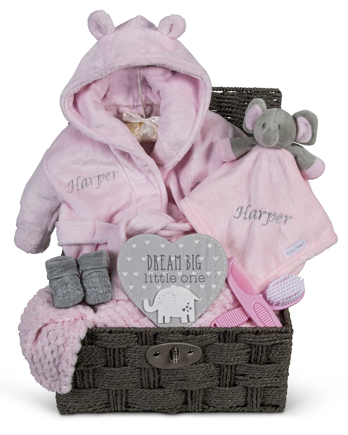 Personalised Baby Gift Basket for Girls Pink Large Gift Hamper Newborn Embroidered Elephant Comforter Blanket Shower Special Unique New Present Soft Cute