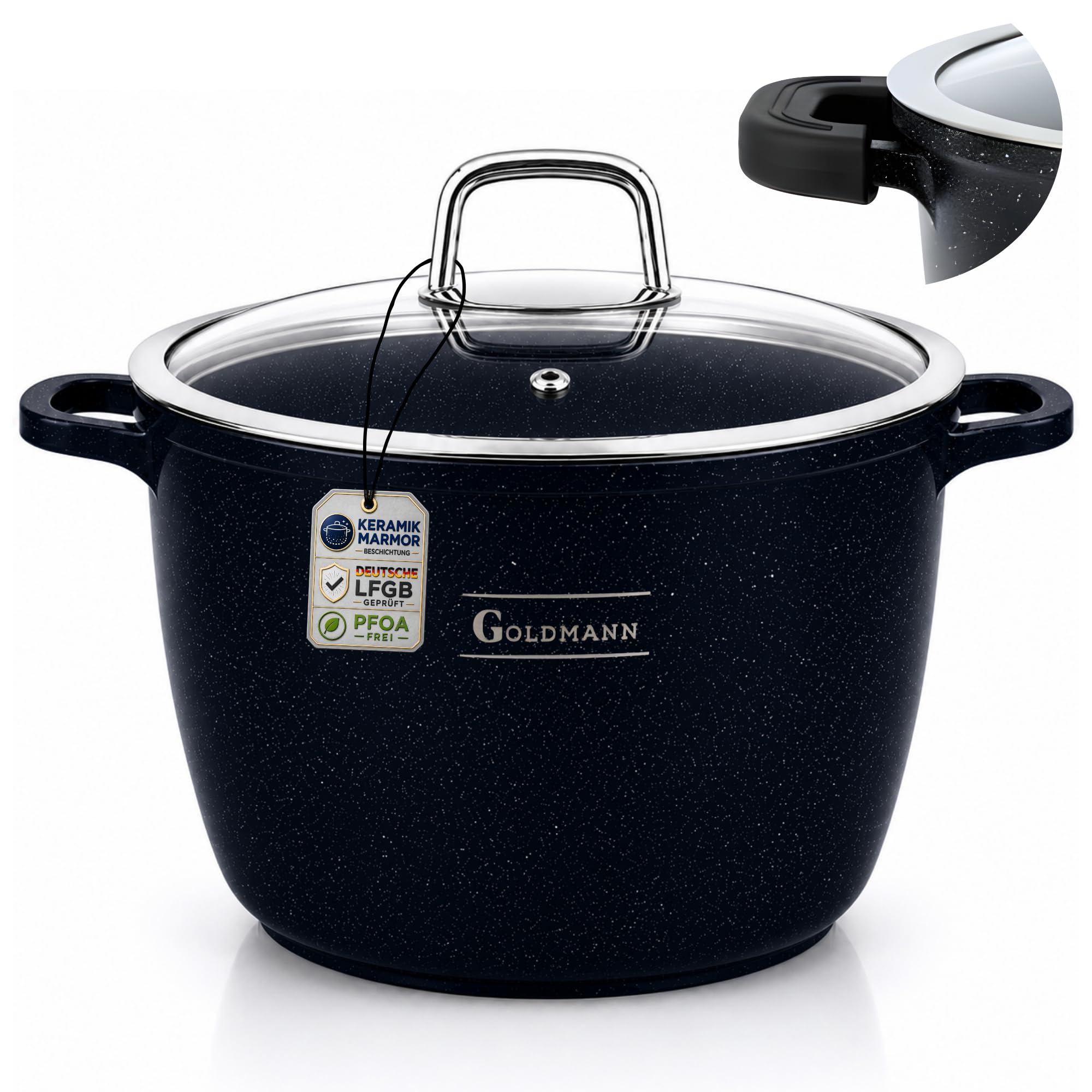 GOLDMANN Kochtopf Aluguss/Suppentopf, 28 cm, 10L, antihaftbeschichtete Keramik in Marmoroptik, Glasdeckel, geeignet für Induktion und alle Herdarten, ofenfest und PFOA-frei