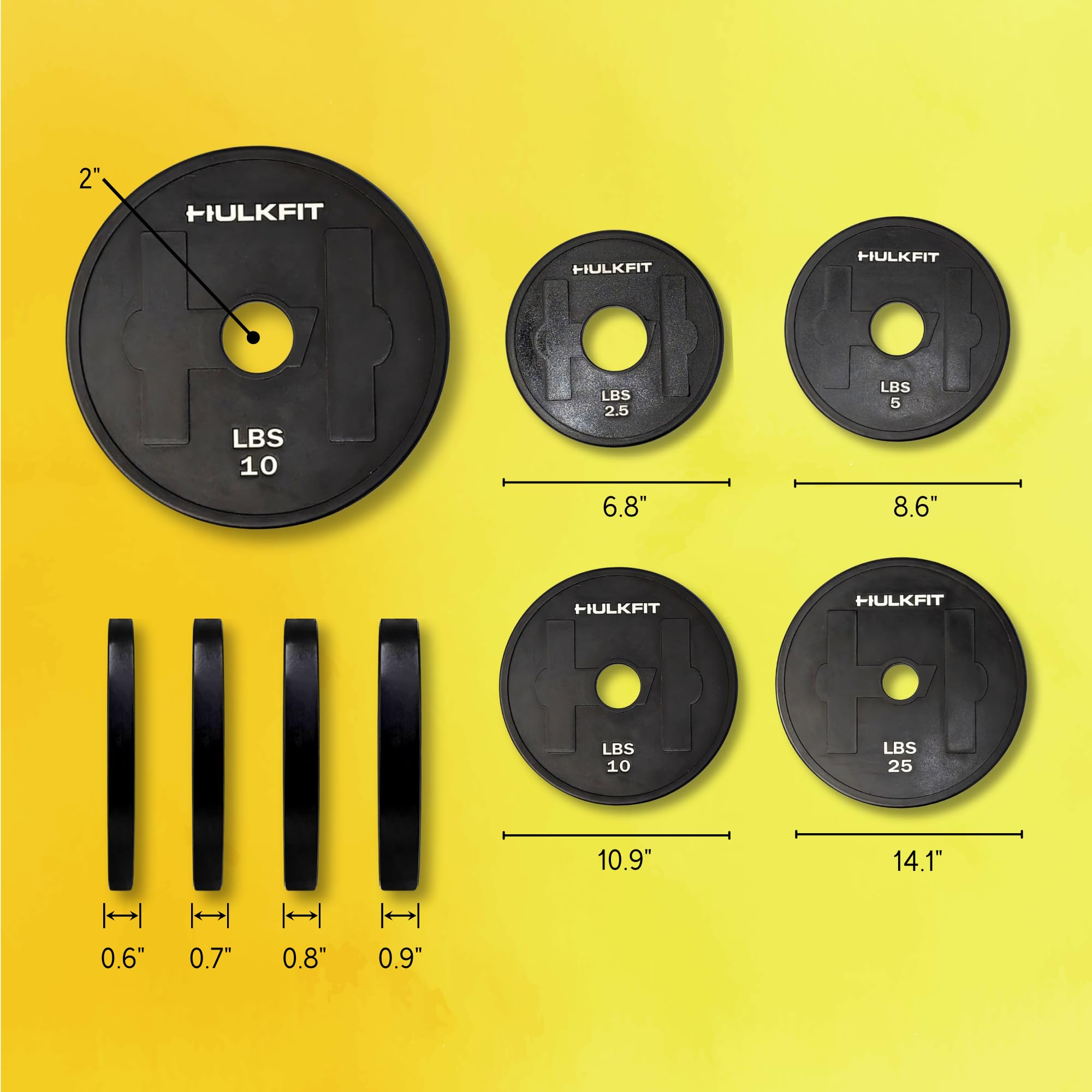 HulkFit Hantelscheiben-Set aus gummiertem Stahl, 5,1 cm, für belastbare Hantelstange und Hantelscheibe, Krafttraining, Schwarz