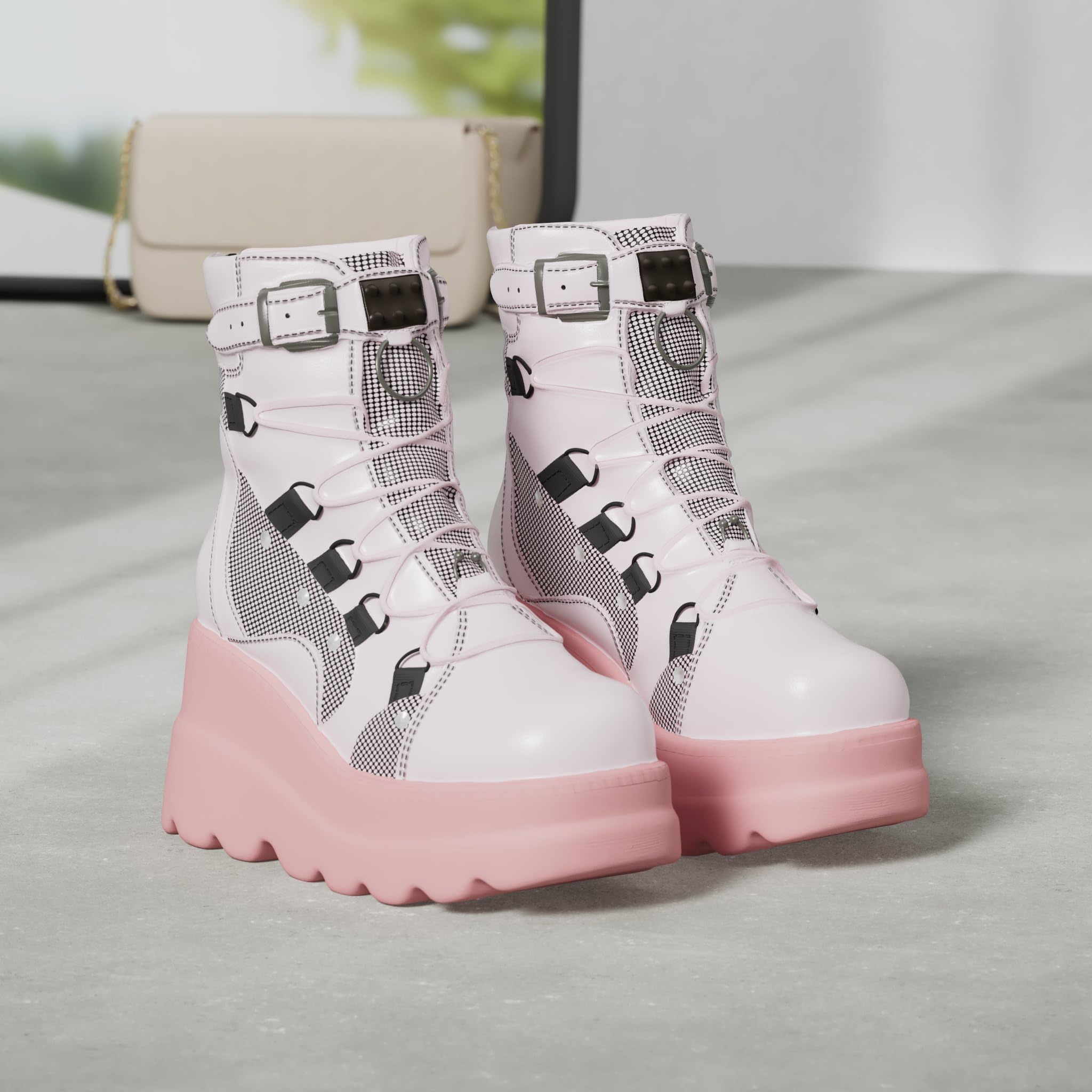 Tscoyuki Platform Ankle Boots for Women Chunky High Heel Booties Goth Round Toe Combat Boots Women Lace Up Motorcycle Wedges: 10 1-pink