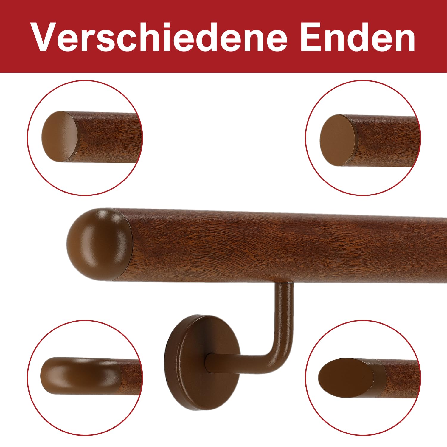 TIBU Handlauf Aluminium Mahagoni Holz Dekor 30-600cm Wandhandlauf Treppe gewinkelte Edelstahlhalter, Länge 60 cm mit 2 Halter und halbrunde Kappe