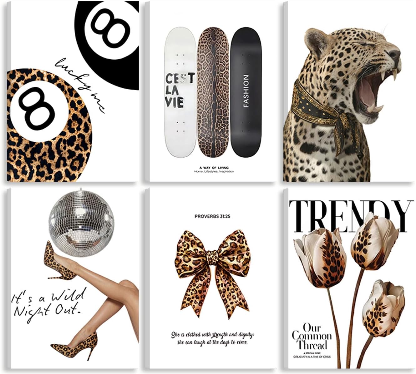 6Pcs Trendy Leopard Canvas Wall Art Fashion Black White Gold Cheetah Posters Artwork Preppy Funky Lucky 8 Ball Painting Pictures Wall Decor for Girls Bedroom Apartment Dorm Decoration 8x10in Framed