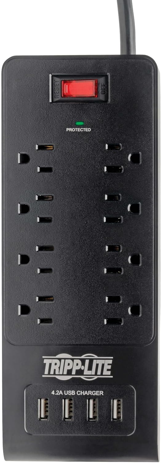 Tripp Lite Home Office Surge Protector with USB Charging, 8 Outlet Surge Protector Power Strip, 4 USB Ports, 6ft Cord, 1800 Joules, Black (TLP864USBB)