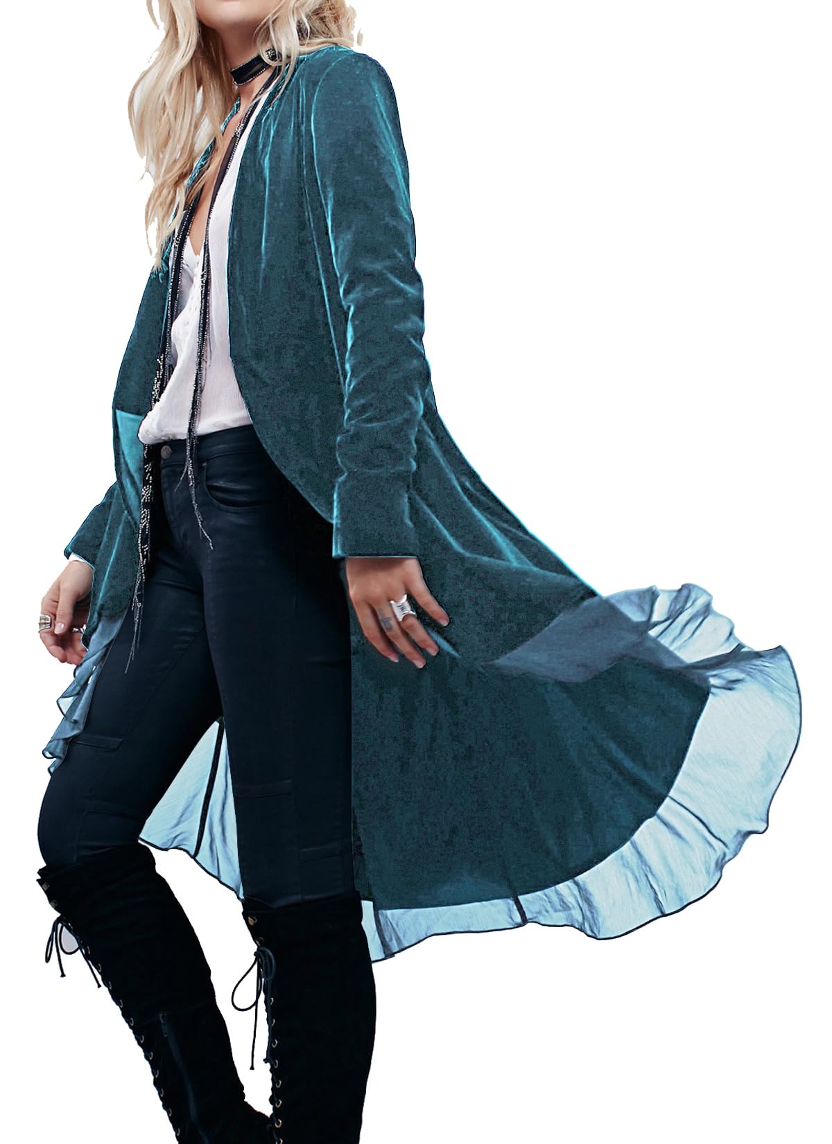 R Vivimos Womens Ruffled Asymmetric Long Velvet Blazers Coat Casual Jackets