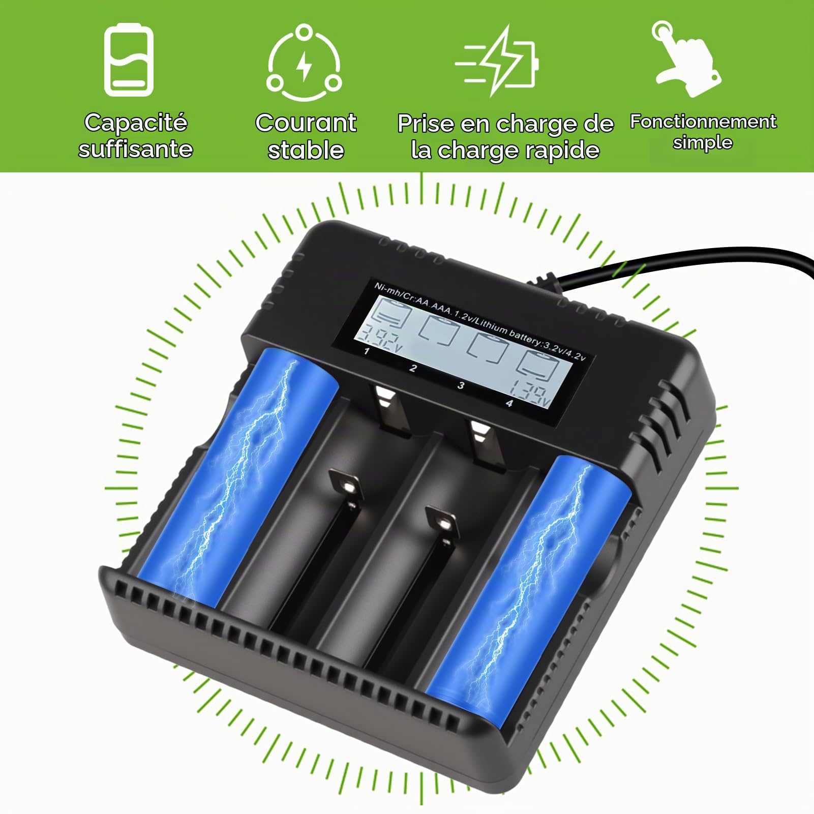Chargeur LCD Batteries 18650 Li-ION 3.7V 4 Slots Indépendants AA AAA | Charge intelligente batteries, écran digital temps réel, protection avancée et compatibilité Li-ion NiMH pour usage quotidien