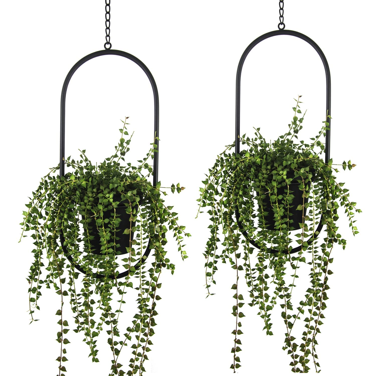 HemePaha Metal Hanging Planters, Boho Geometric Metal Plant Hanger with 5 Inch Flower Pots,Set of 2 Black Oval Shape Plant Holder,Wall and Ceiling Planter for Indoor Plants, Home DÃ©cor