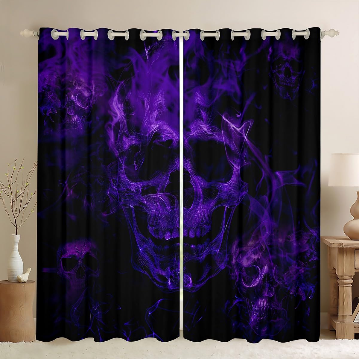 Feelyou Gothic Skull Curtain Halloween Themed Darkening Window Dreapes for Bedroom Skeleton Design Blackout Curtains(30%-50%) Gothic Bones Purple
