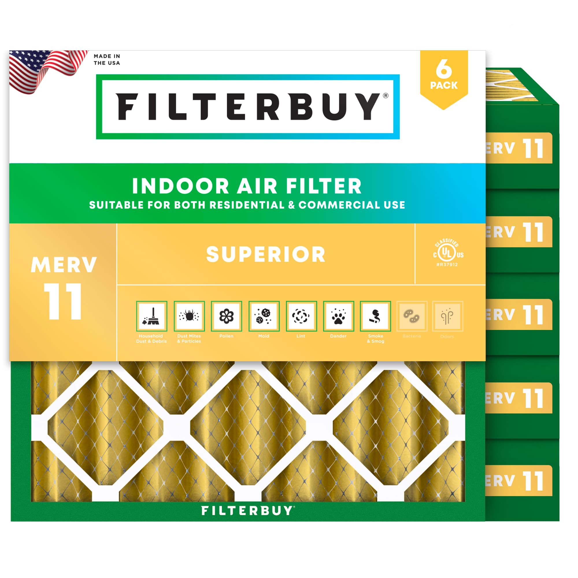Filterbuy 25x25x4 Air Filter MERV 11 Pet &amp; Allergy Defense (6-Pack)