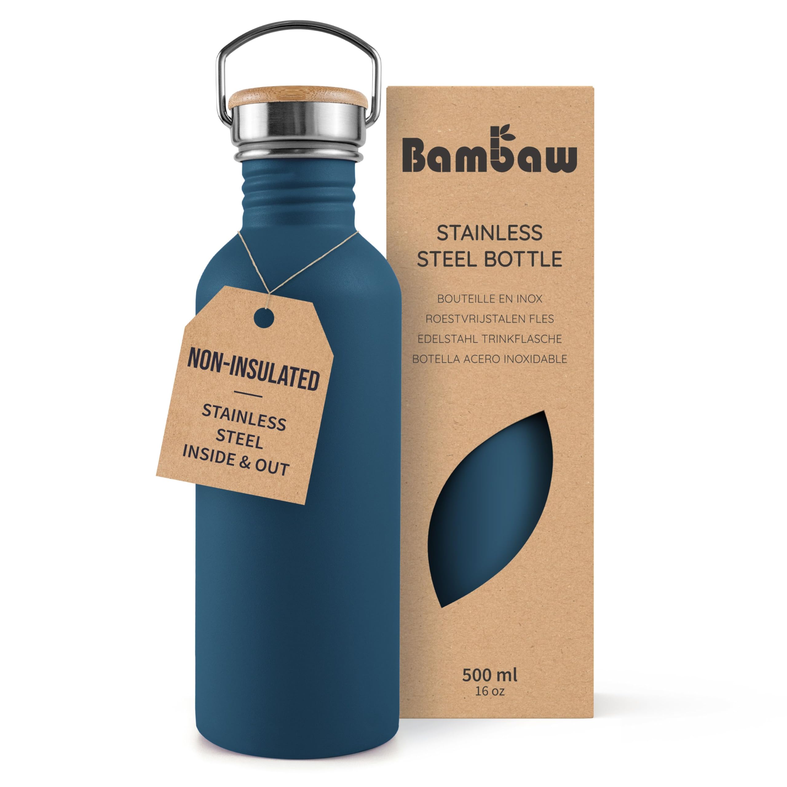 Bambaw Aegean Blue Stainless Steel Water Bottle 500Ml, Blue, Non-Insulated, Leakproof –