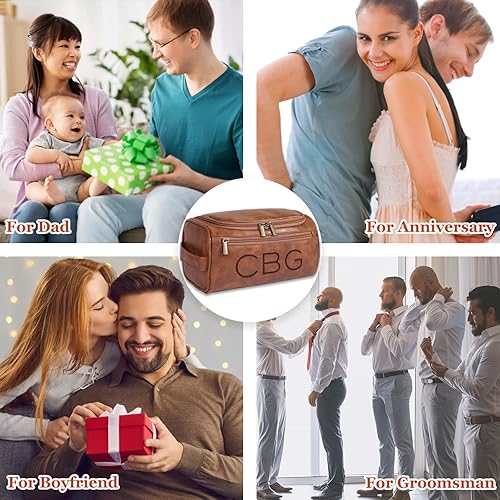 Miniatura 7 de Neceser de Cuero Personalizado para Hombres, Kit de Viaje Dopp Grabado Personalizado, Regalo de Iniciales de Nombre Personalizado para Padrinos de