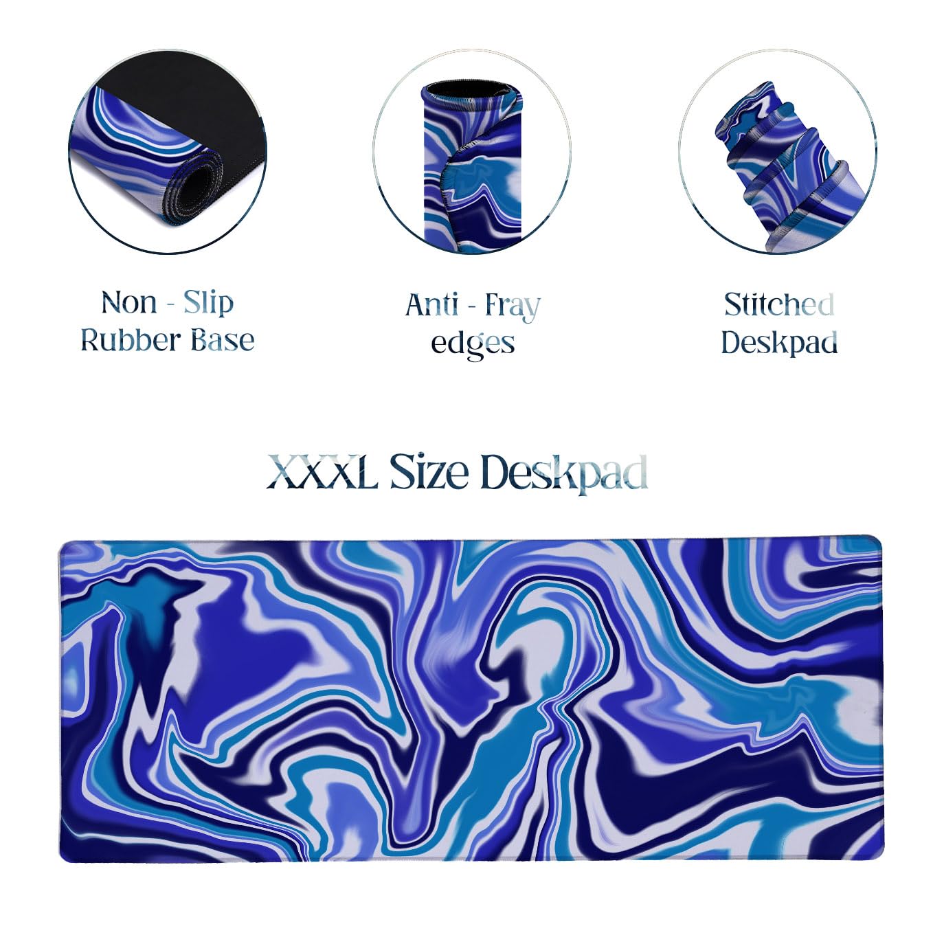 SoulAbiti Blue Cool Current Extended Desk Pad (36x14 Inch) - Fluid Art XXL Mouse Pad - Non-Slip Rubber Base & Stitched Edges 3