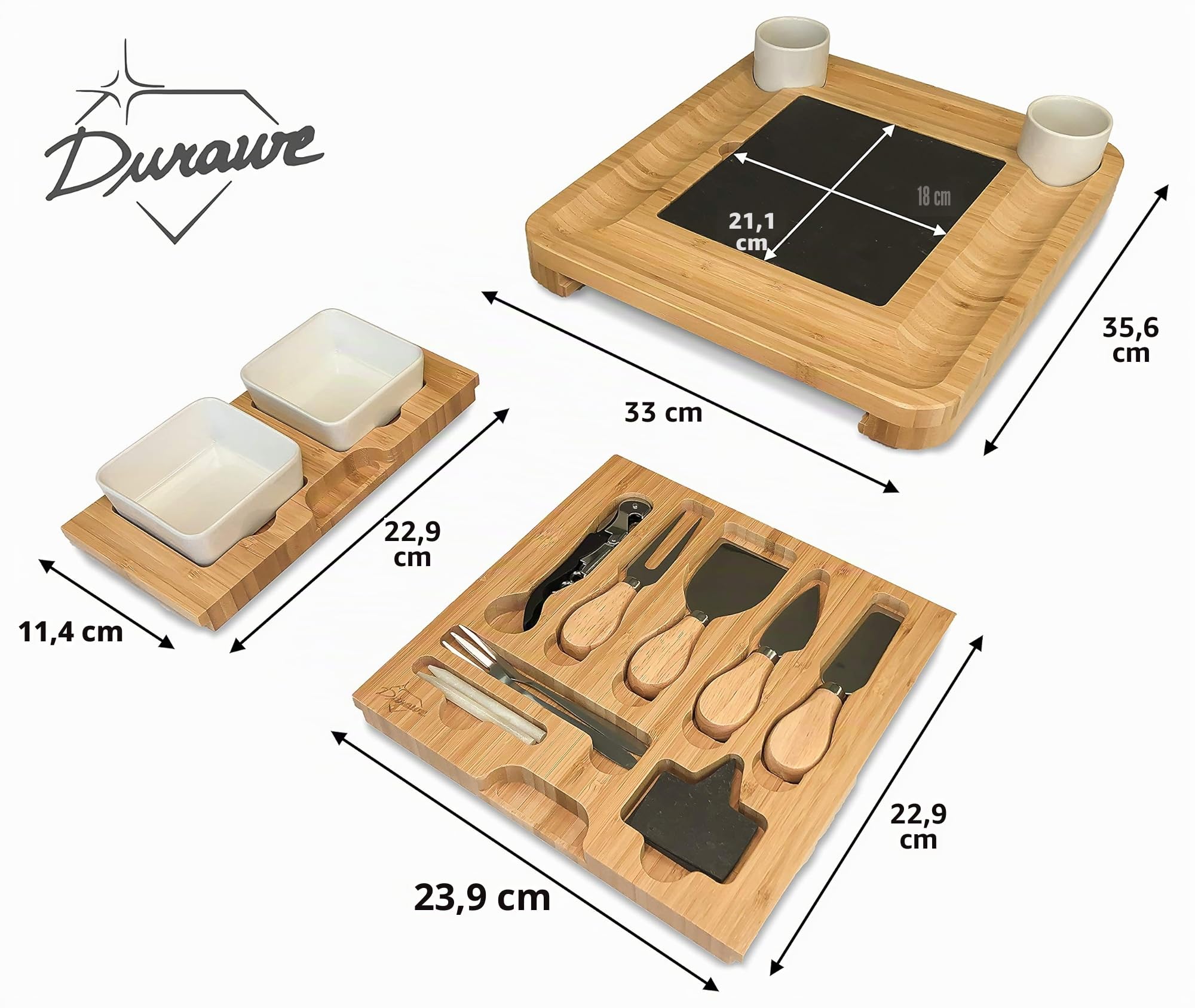 Set Tabla de Queso de Bambú y Cuchillos, Cuencos de Cerámica y Abrebotellas – Bandeja Queso 100% Madera Orgánica, Tabla Charcutería
