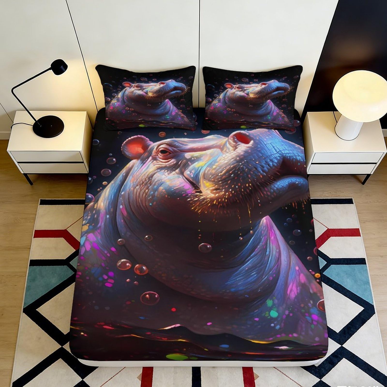 3D Printed Colorful Hippo Fitted Sheet Microfiber Non Slip Mattress Cover for Bedroom Dorm Easy Care Washable 160x200x25cm