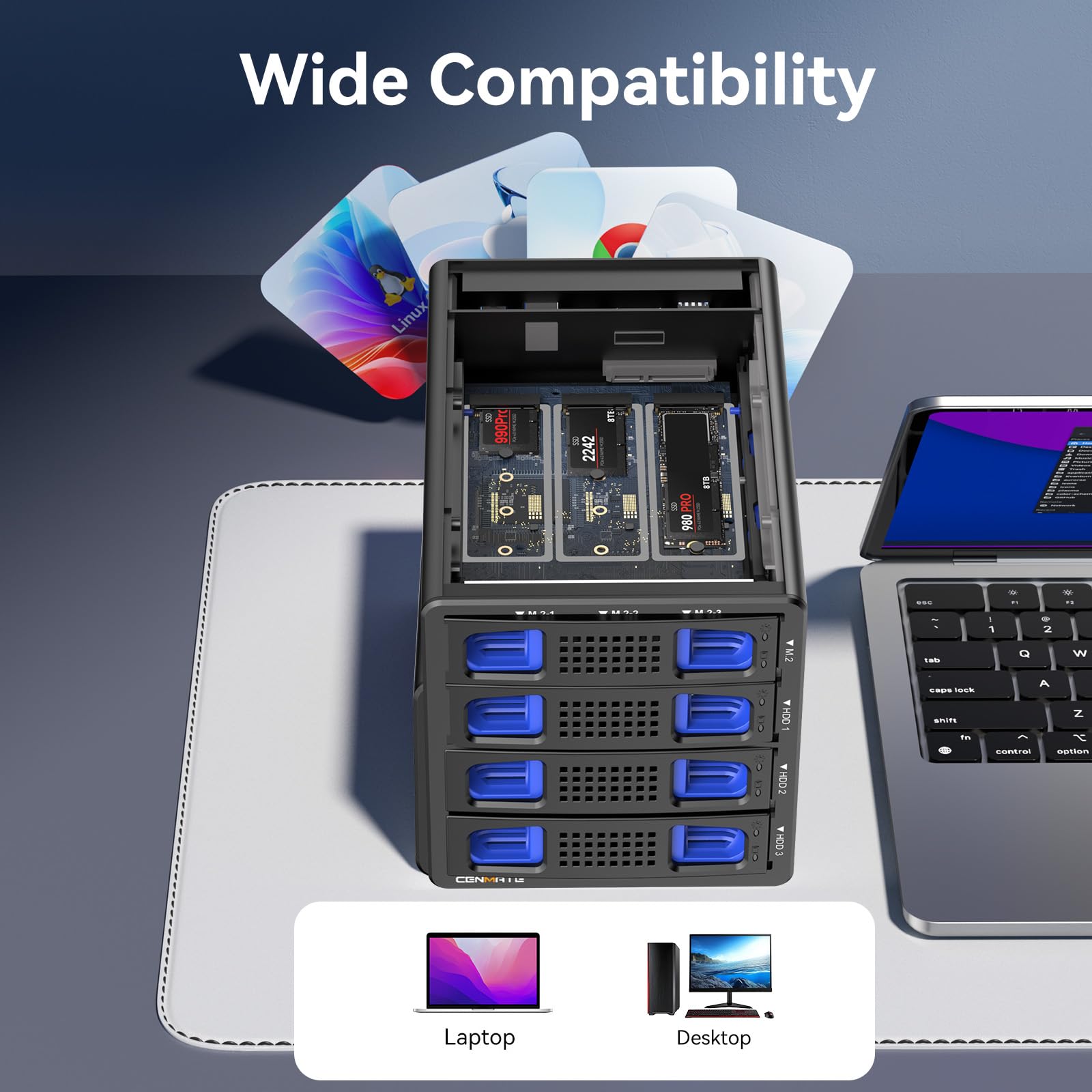 CENMATE Festplattengehäuse Hybrid 2*3.5 HDD(RAID) +1*PM+3*M.2 NVMe Gehäuse für 2.5/3.5" SATA HDD/SSD und M Key/B+M Key 2230/42/60/80/110 M.2 SSD mit USB A/C 3.2 Kabel, HDD Gehäuse 3.5 unterstützt 90TB