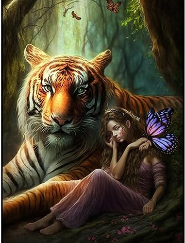 Kits de pintura de diamantes 5D para niños, pintura por números para adultos, kit de arte de bosque de fantasía de hadas y tigre para principiantes,