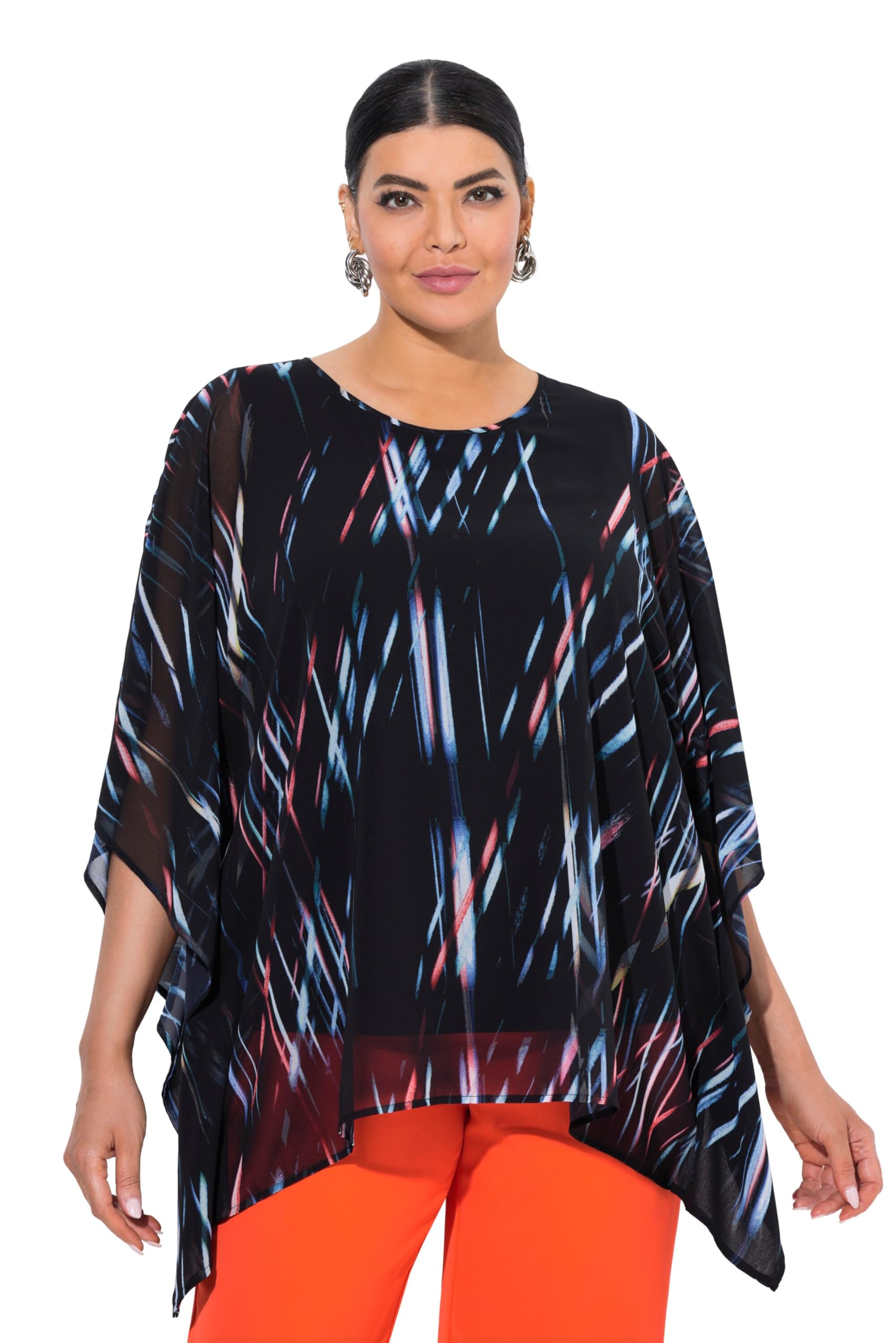 Ulla Popken Damen große Größen Übergrößen Plus Size Chiffon-Tunika, Streifen, Oversized, Rundhals, 3/4-Arm 842638