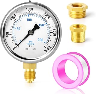 0-210 bar/0-3000 PSI Manómetro de acero inoxidable de 1/4" BSP y 2,5" con esfera llena de líquido, montaje inferior con casquillos hexagonales de latón