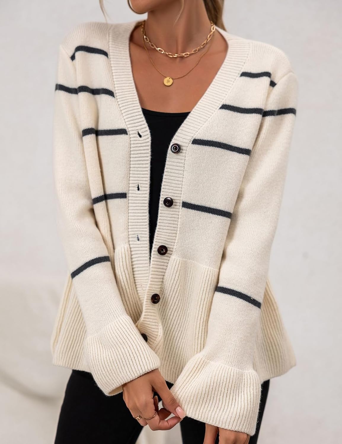 Kinghua Striped Cardigan Sweaters for Women Fall Winter Knitted Tops Casual V Neck Button Down Peplum Sweater - Image 4