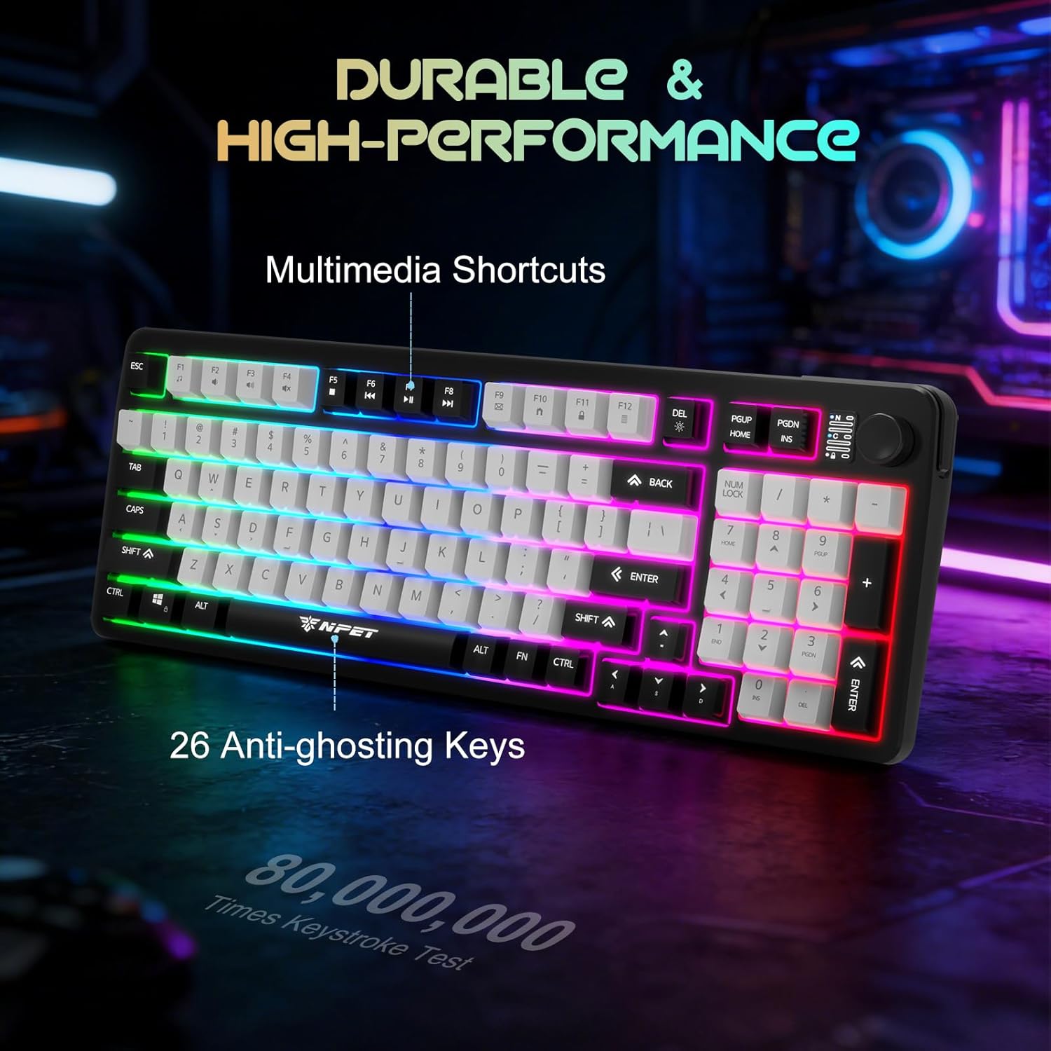 NPET Gaming Keyboard and Mouse Combo, 98 Keys Mechanical Feel with Volume Knob, Double-Shot Keycaps, RGB Backlight, Spill-Resistant for PC/Mac Gamers