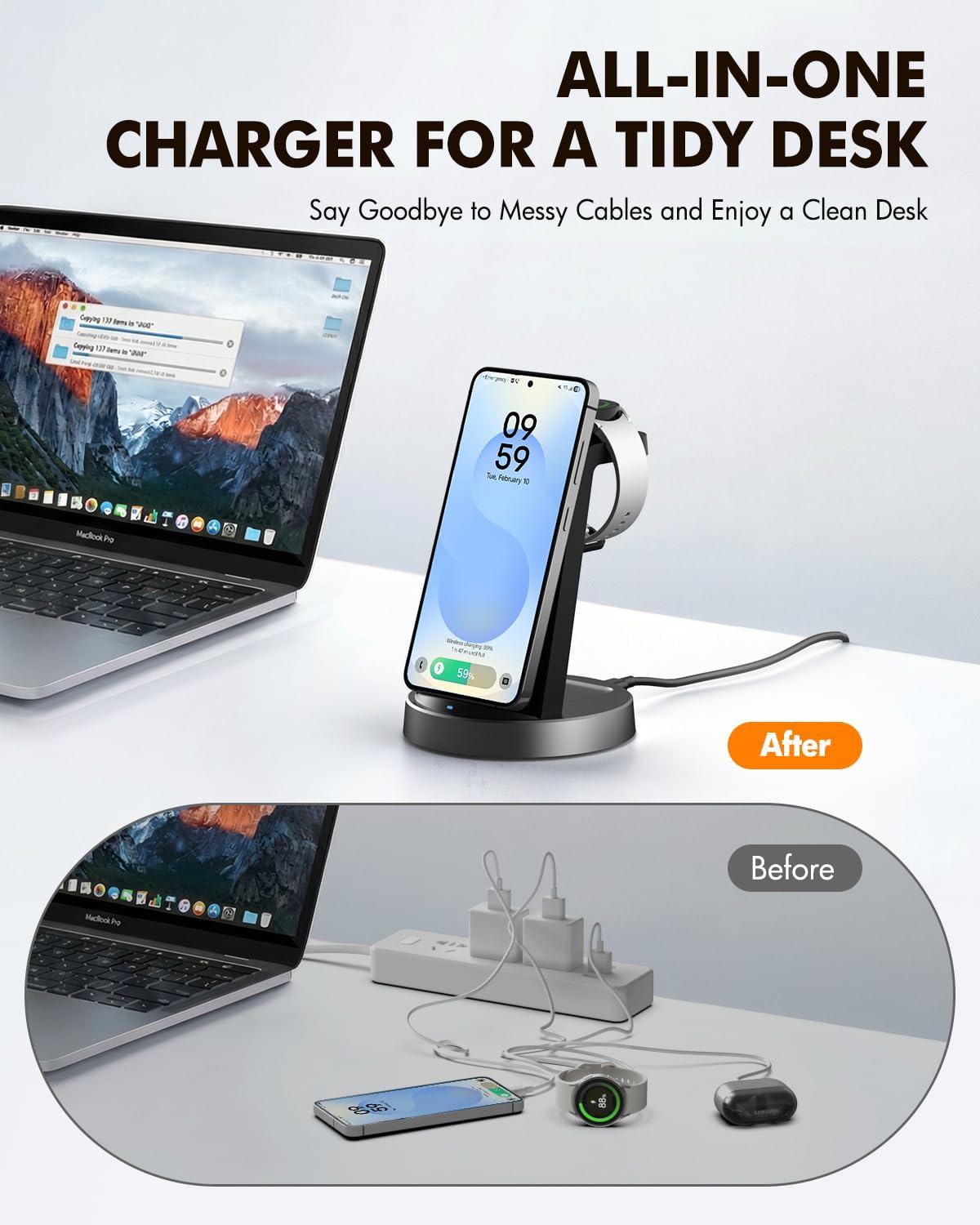 Wireless Charger for Samsung: 3 in 1 Charging Station for Samsung S26/S25/S24/S23/S22/S21, Note 20/10, Z Fold 6/5, Galaxy Buds 4/3/2 Pro, Galaxy Watch Ultra/8/7/6/5-Android & iPhone 15W Charging Dock - Image 7