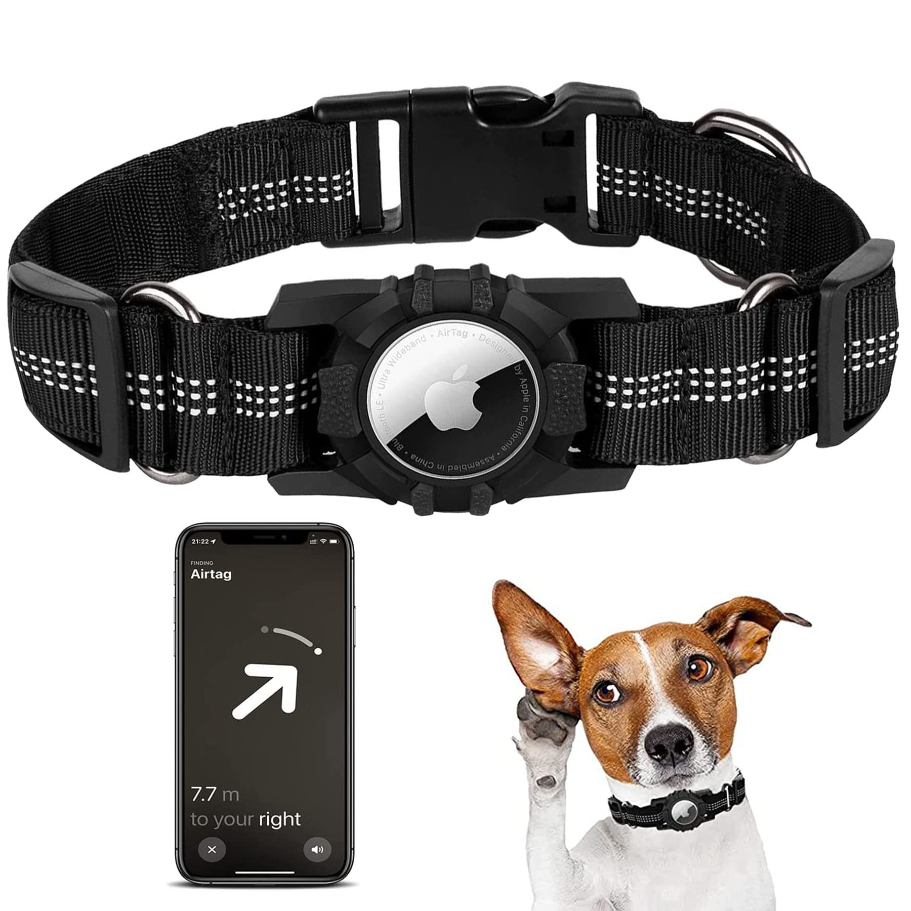 Sawanork 1 PCS Reflective Dog Collar With AirTag Holder, Adjustable Durable AirTag Dog Collar for Medium Large Dogs, Black (AirTag Not Included),L