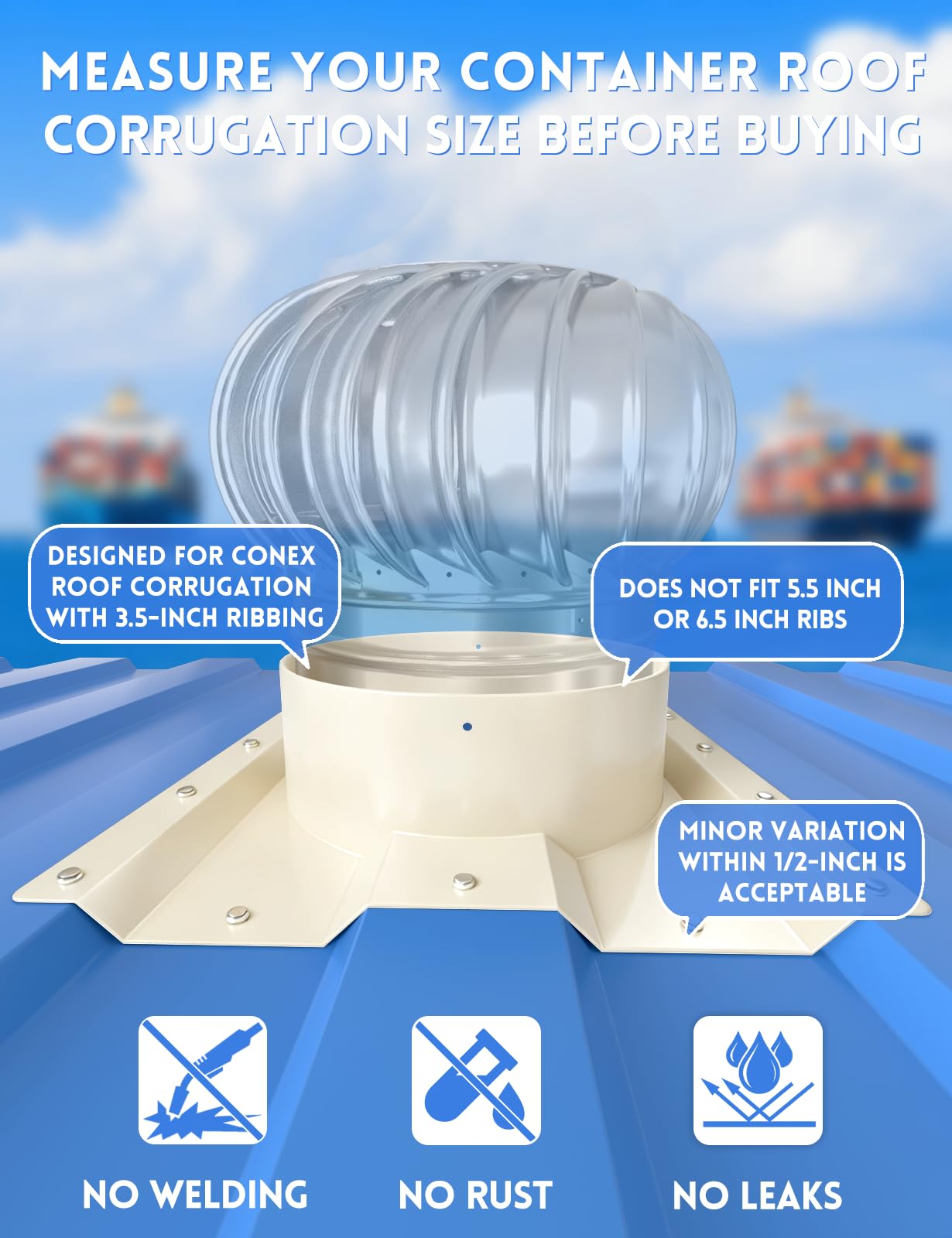 Adaptateur d'évent de turbine de toit Whirlybird de 30,5 cm, adaptateur d'aération de toit ondulé, conçu pour conteneur Conex, convient pour bouchon de cheminée rond de 30,5 cm, grille d'aération