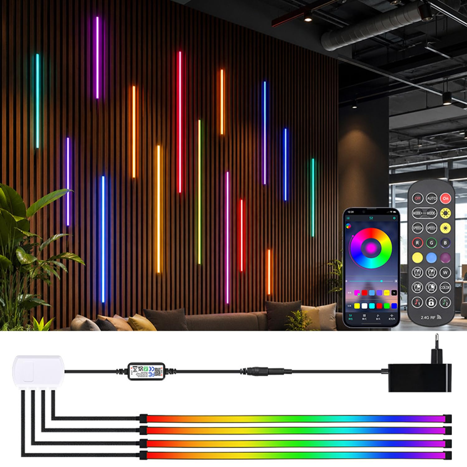 OOWOKS Cabinet Lights COB LED Strip 6-in-1 Dimmable with Remote Control LED Strip 1m 3 Colours + RGB Acoustic Panel Lighting Black Waterproof for Shelves, Cupboards, Kitchens and Shop Windows,3er