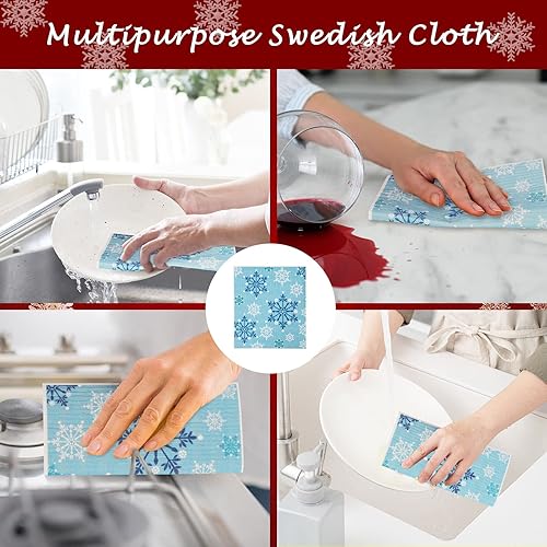 Miniatura 5 de Whaline 4 paños de cocina suecos de Navidad con copos de nieve blancos y azules, reutilizables, lavables, de algodón, para Navidad, invierno,