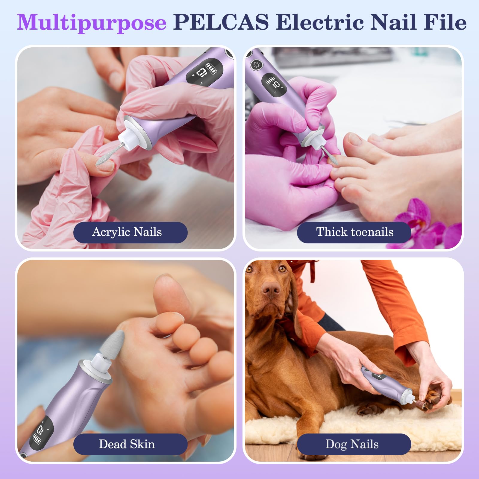 PELCAS Electric Nail Drills, 10 Speeds Cordless Nail File with LED Light, Portable Manicure & Pedicure Kit, Nail Grinder with LCD Screen for Human, Pet, Thick Toenails, Natural & Acrylic Nails Purple - image 6