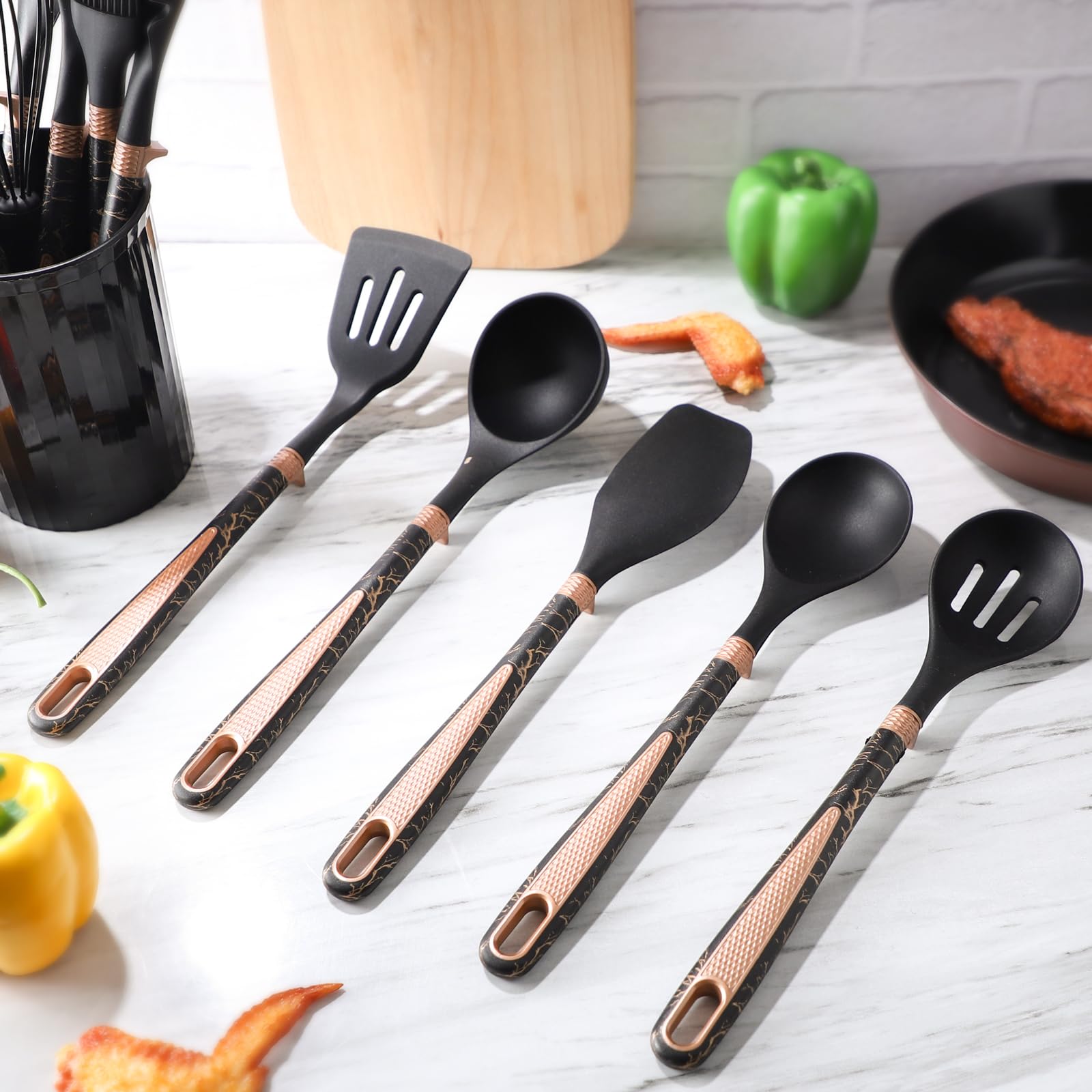 12-teiliges Silikon-Küchenutensilien-Set mit langlebigen Küchenutensilien, hitzebeständiges, antihaftbeschichtetes Kochgeschirr, Essentials mit Griffen und Halter, Küchenhelfer für Kochgeschirr,