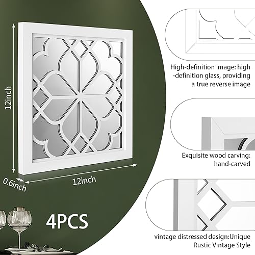 Miniatura 3 de Tatuo 4 espejos cuadrados de pared, magnífico espejo rústico para decoración de baño, dormitorios y salas de estar, 12 x 12 pulgadas (blanco puro)