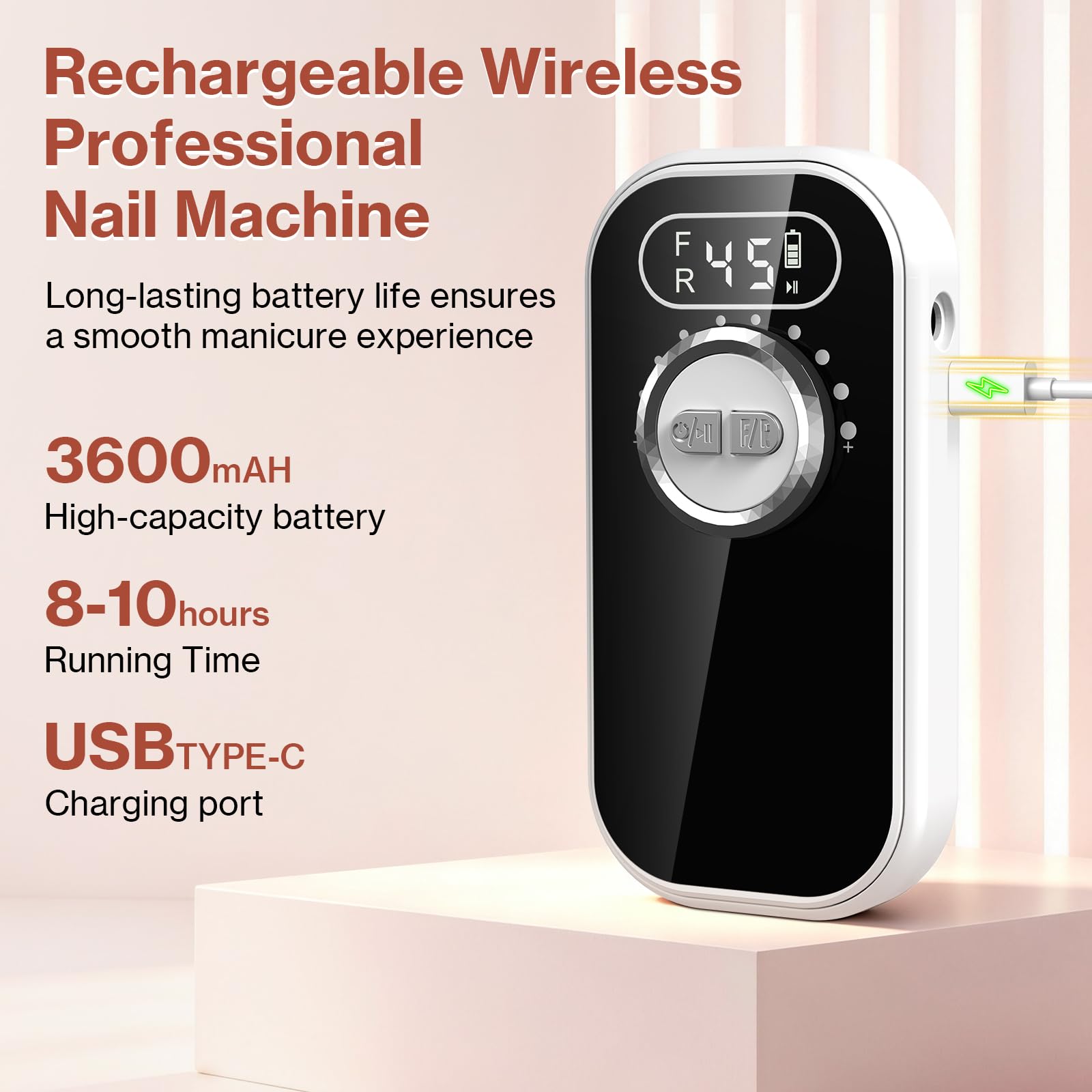 Trapano per unghie 45000 giri/min, lima elettrica per unghie in gel acrilico, set di lime portatile, trapano ricaricabile per manicure per uso domestico e salone, bianco