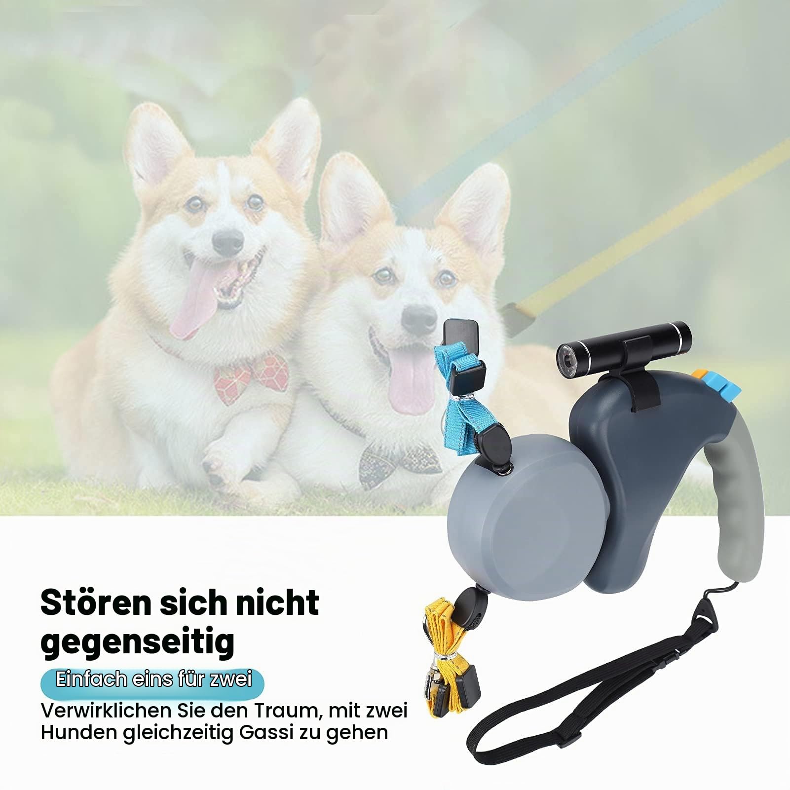 Pssopp Einziehbare Hundeleine Doppelte Hundeleine Einziehbare Hundeleine Hundeleine für Spaziergänge mit 2 Hunden(grau)